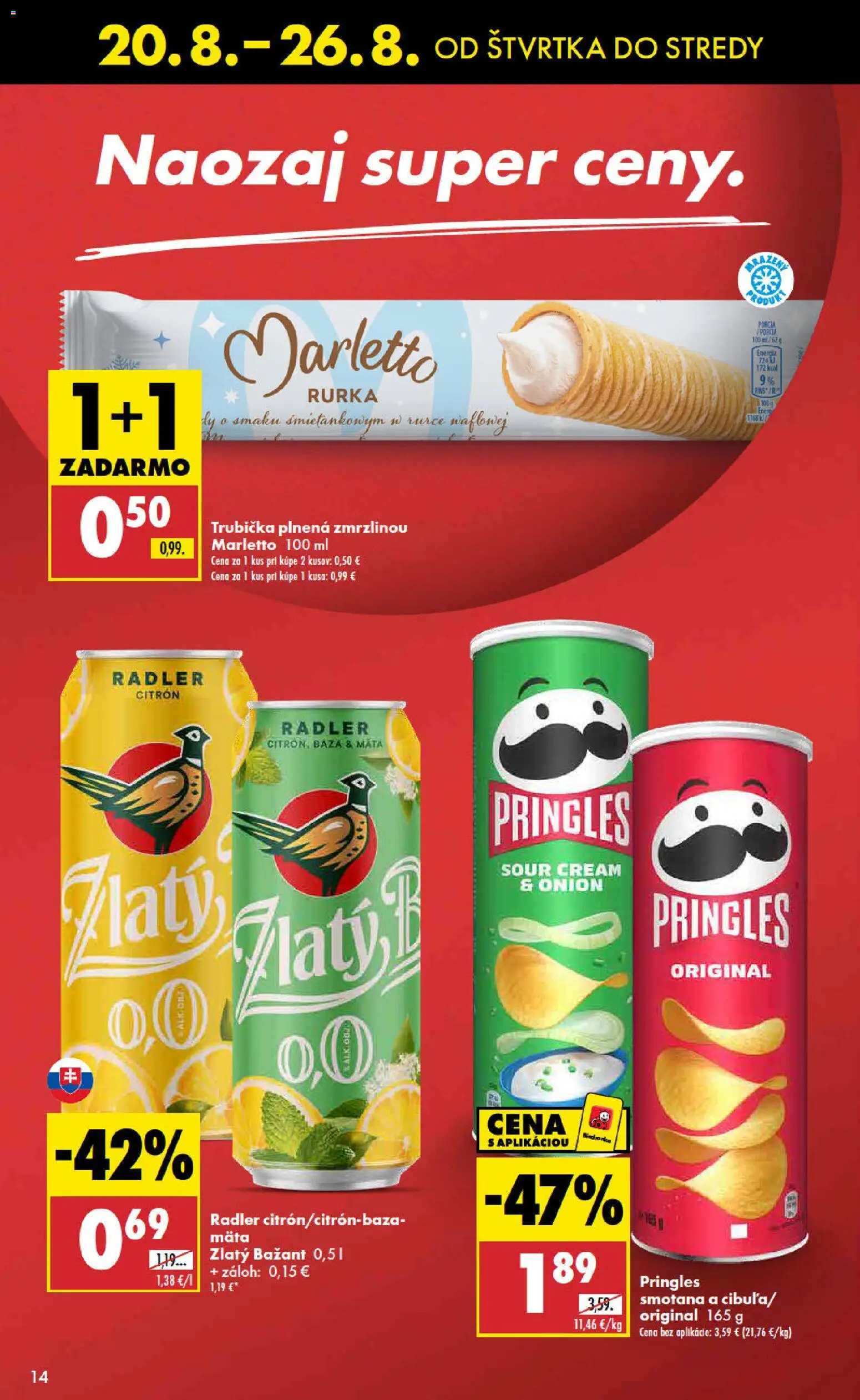 Nové Biedronka akcie – leták je platný od 20.08.2026 | Strana: 14 | Produkty: Smotana, Radler, Pringles, Zlatý Bažant