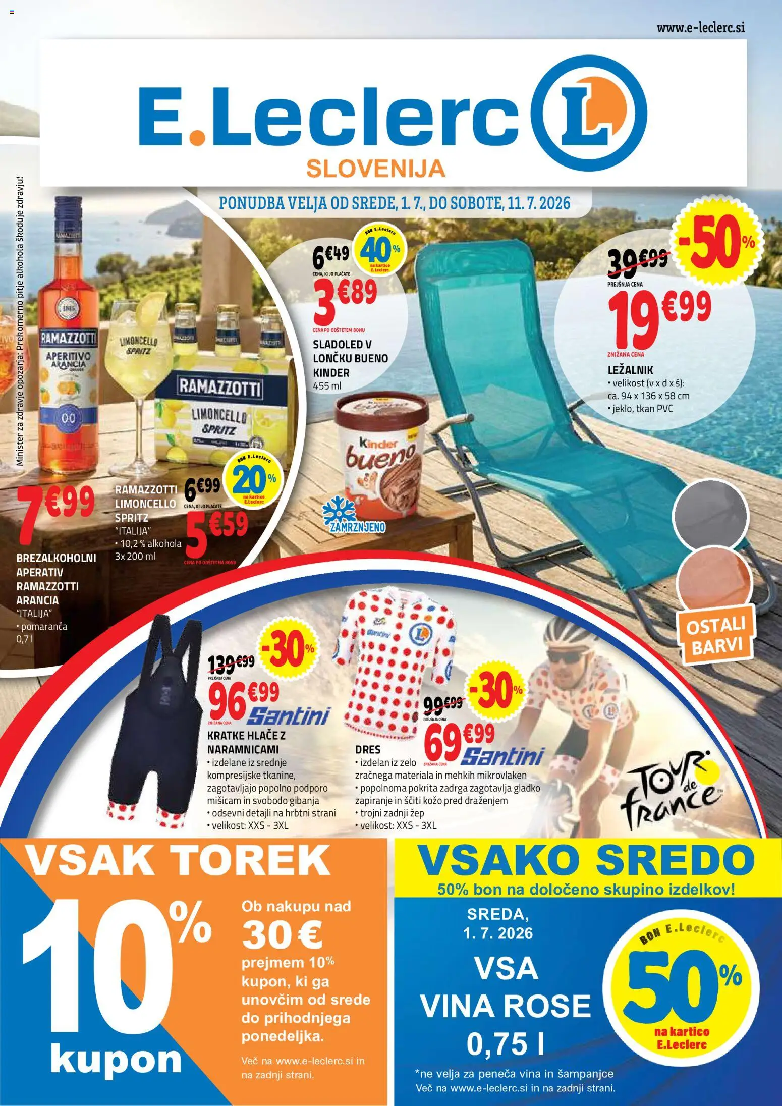 Novi E.leclerc katalog ponudbe – veljaven od 01.07.2026 | Stran: 1 | Izdelki: Ležalnik, Hlace, Kratke hlace, Sladoled