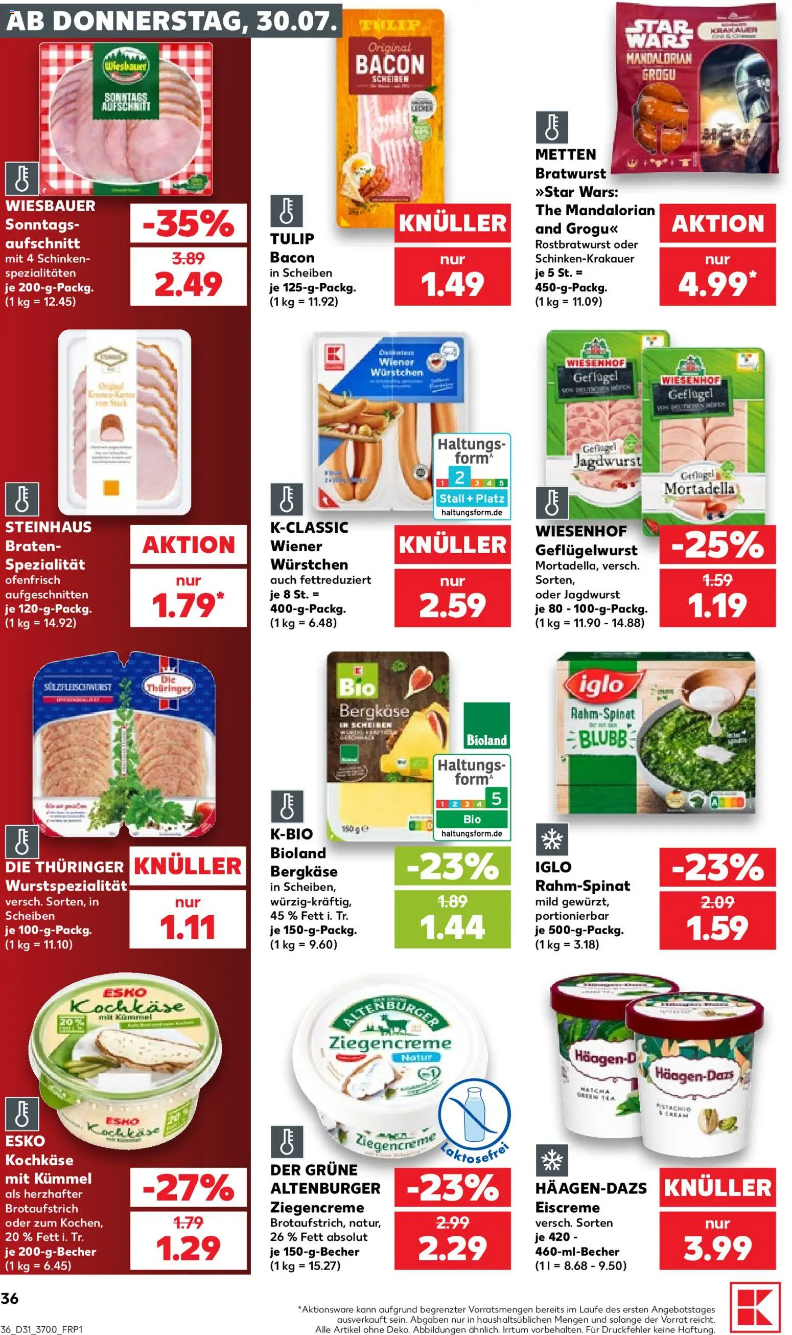 Kaufland Prospekt Rostock – gültig ab 30.07.2026 | Seite: 36 | Produkte: Käse, Iglo, Bratwurst, Schinken