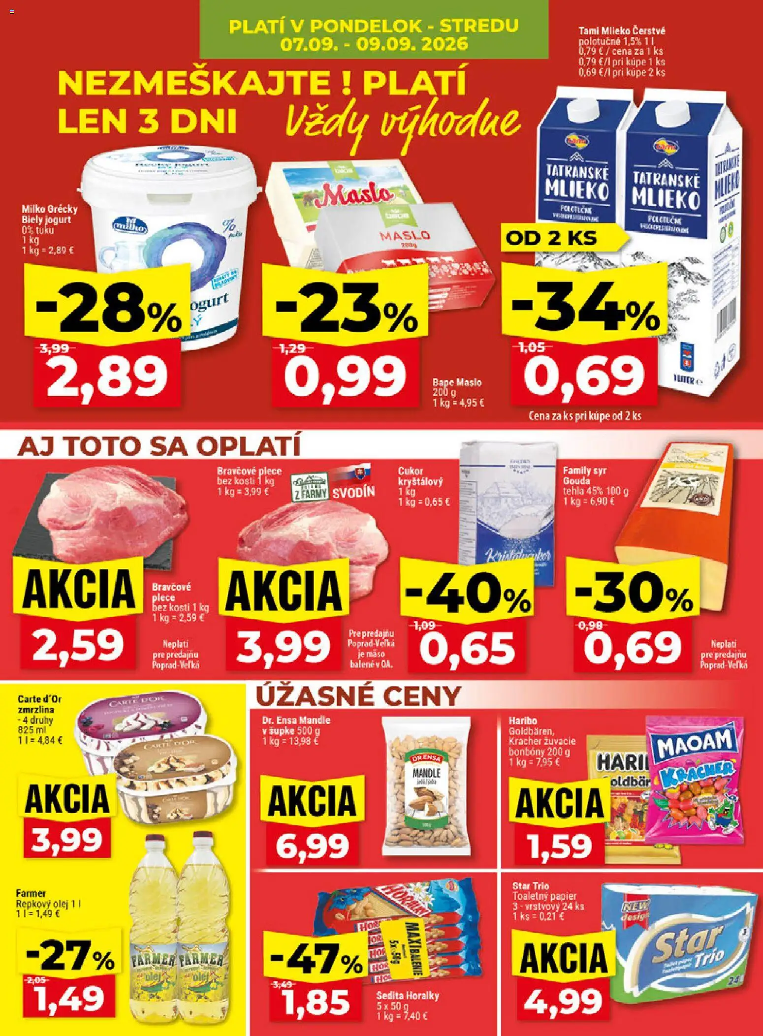 Nové Klas akcie – leták je platný od 07.09.2026 | Strana: 4 | Produkty: Mlieko, Jogurt, Mäso, Tatranské maslo