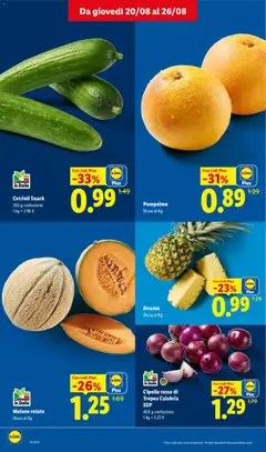 Anteprima del volantino Cipolle rosse di Tropea Calabria IGP, 400 g confezione valido a partire dal 20/08/2026 | Pagina: 6 | Prodotti: Cetrioli, Pompelmo, Ananas, Melone