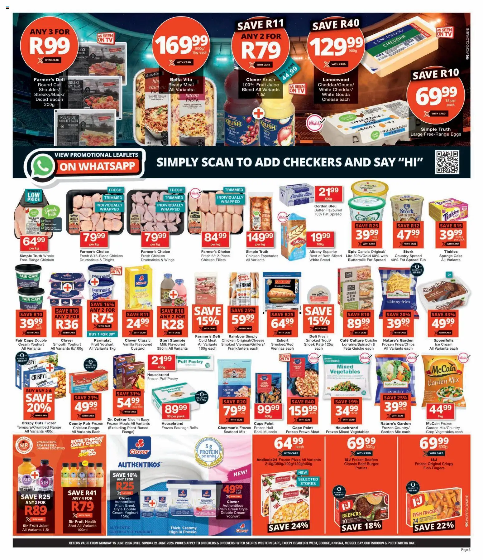 New Checkers catalogue – valid from 15.06.2026 | Page: 3 | Products: Magdalenas, Milk, Juice, Fish