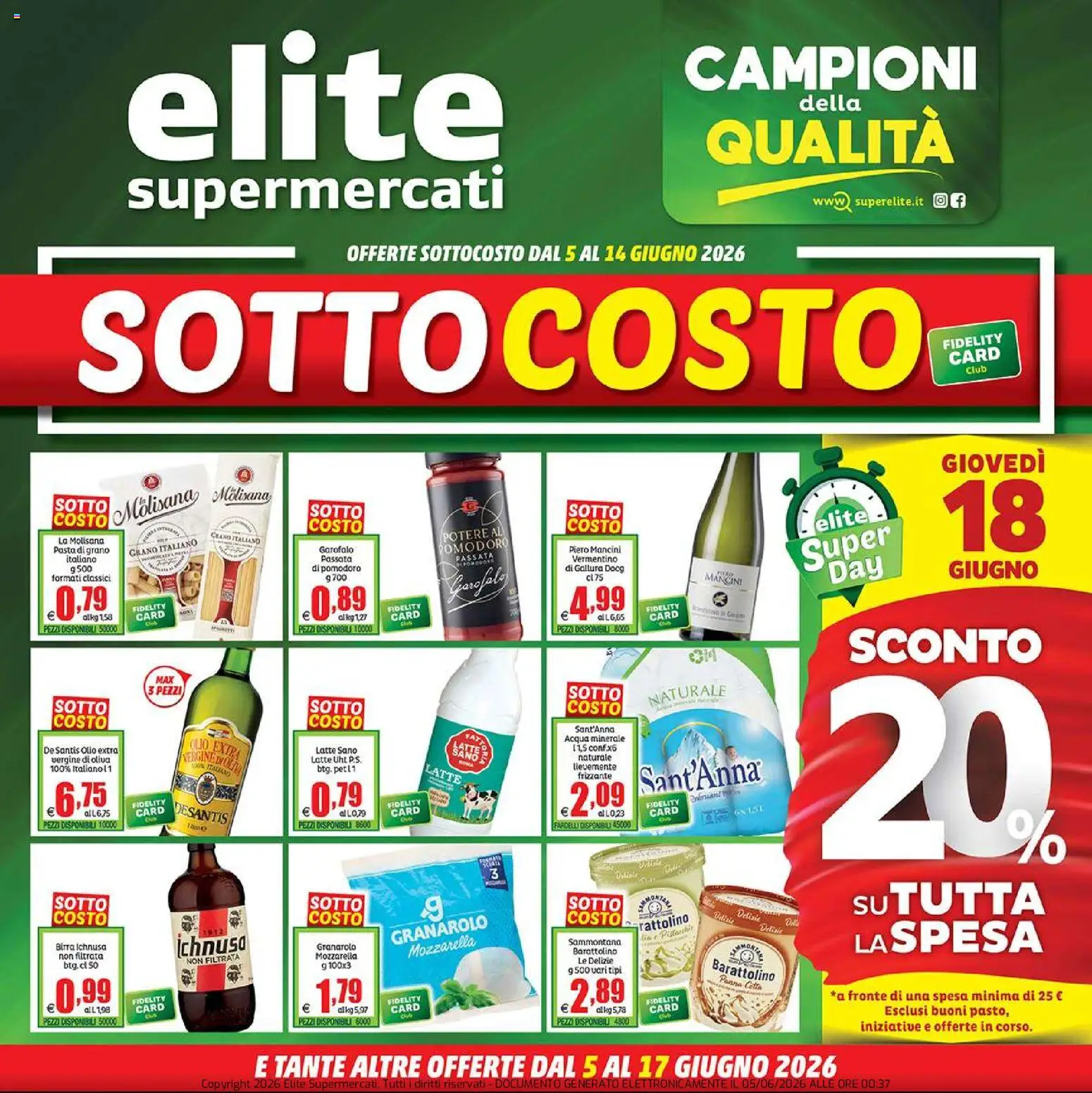 Volantino Elite Supermercati del 05.06.2026 | Pagina: 1 | Prodotti: Panna, Acqua, Pomodoro, Latte