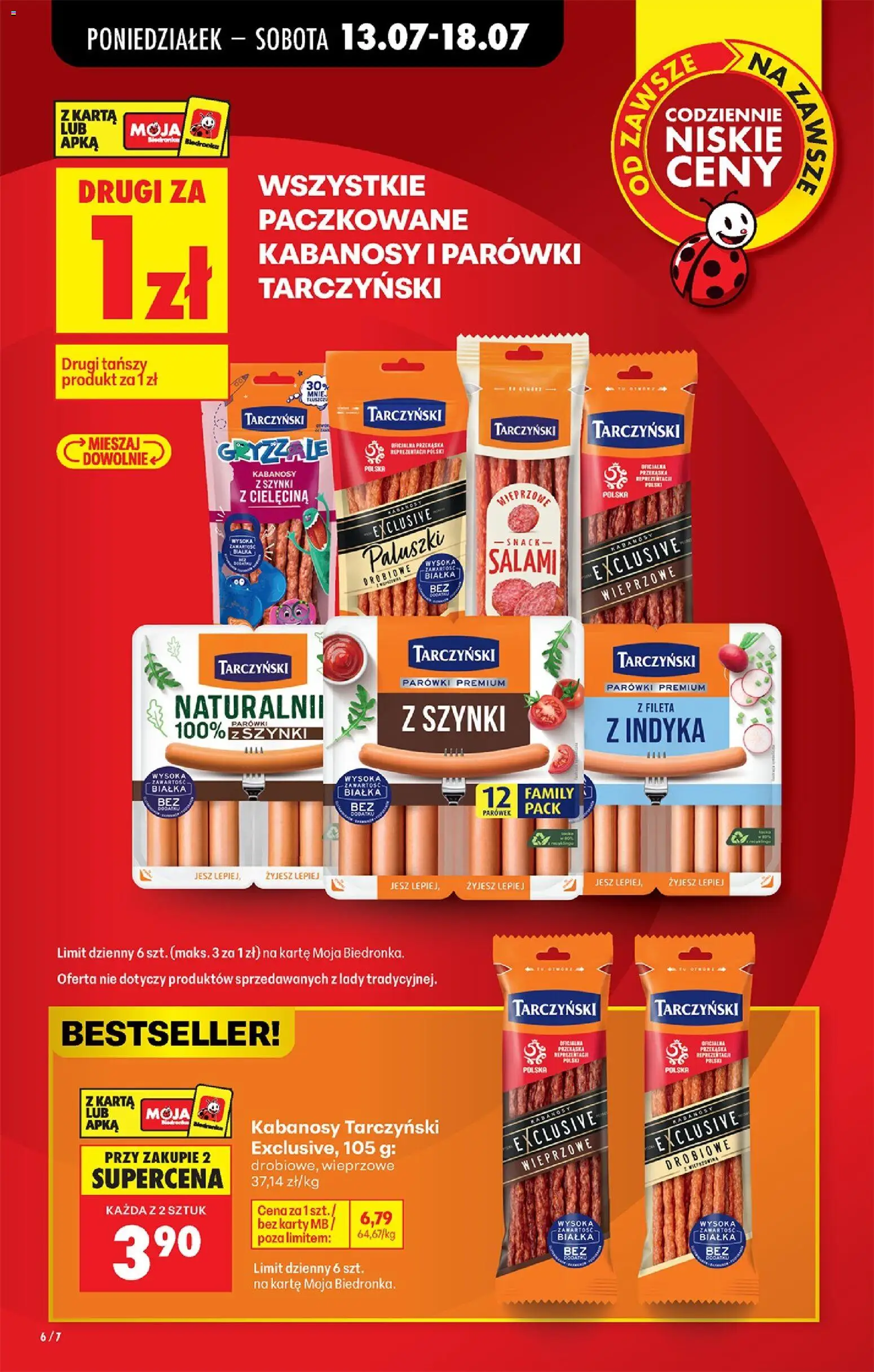 Biedronka gazetka od poniedziałku od 13.07.2026 | Strona: 6 | Produkty: Karta, Parówki tarczyński, Salami, Wieprzowina