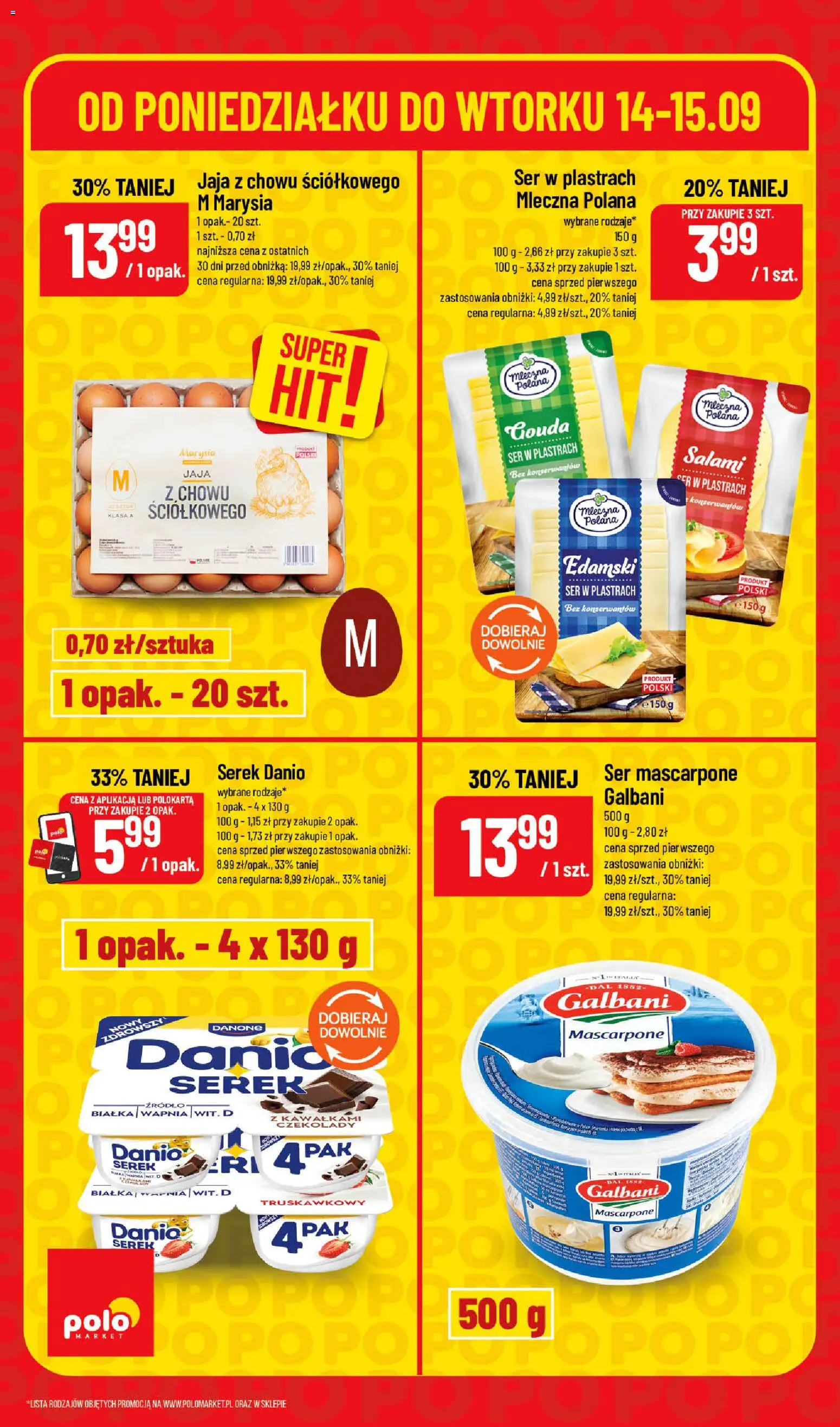 Nowa POLOmarket gazetka od jutra 14.09.2026 | Strona: 4 | Produkty: Ser w plastrach, Mascarpone, Salami, Jaja