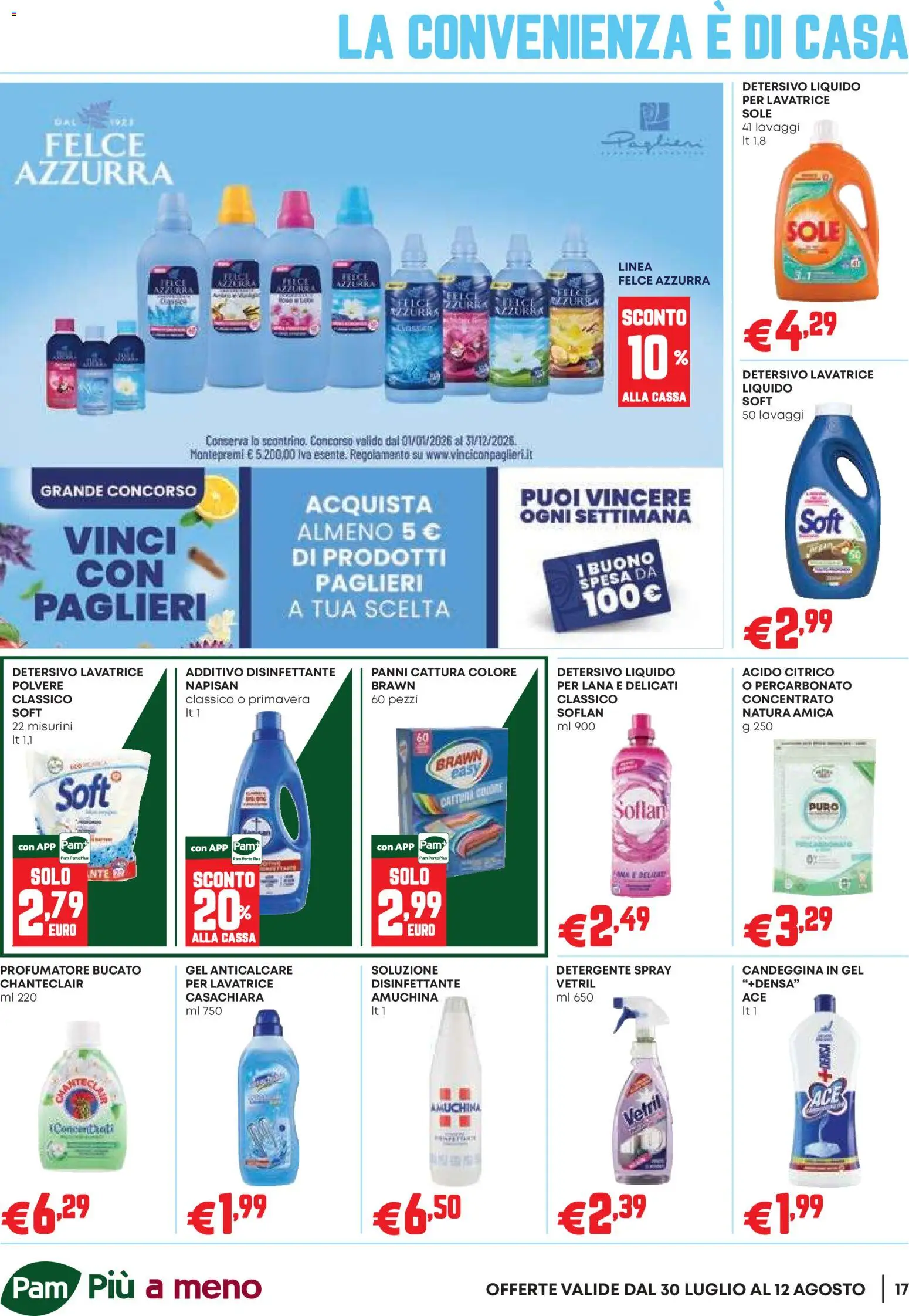 Volantino PAM del 30/07/2026 | Pagina: 17 | Prodotti: Detergente, Candeggina, Anticalcare, Lavatrice