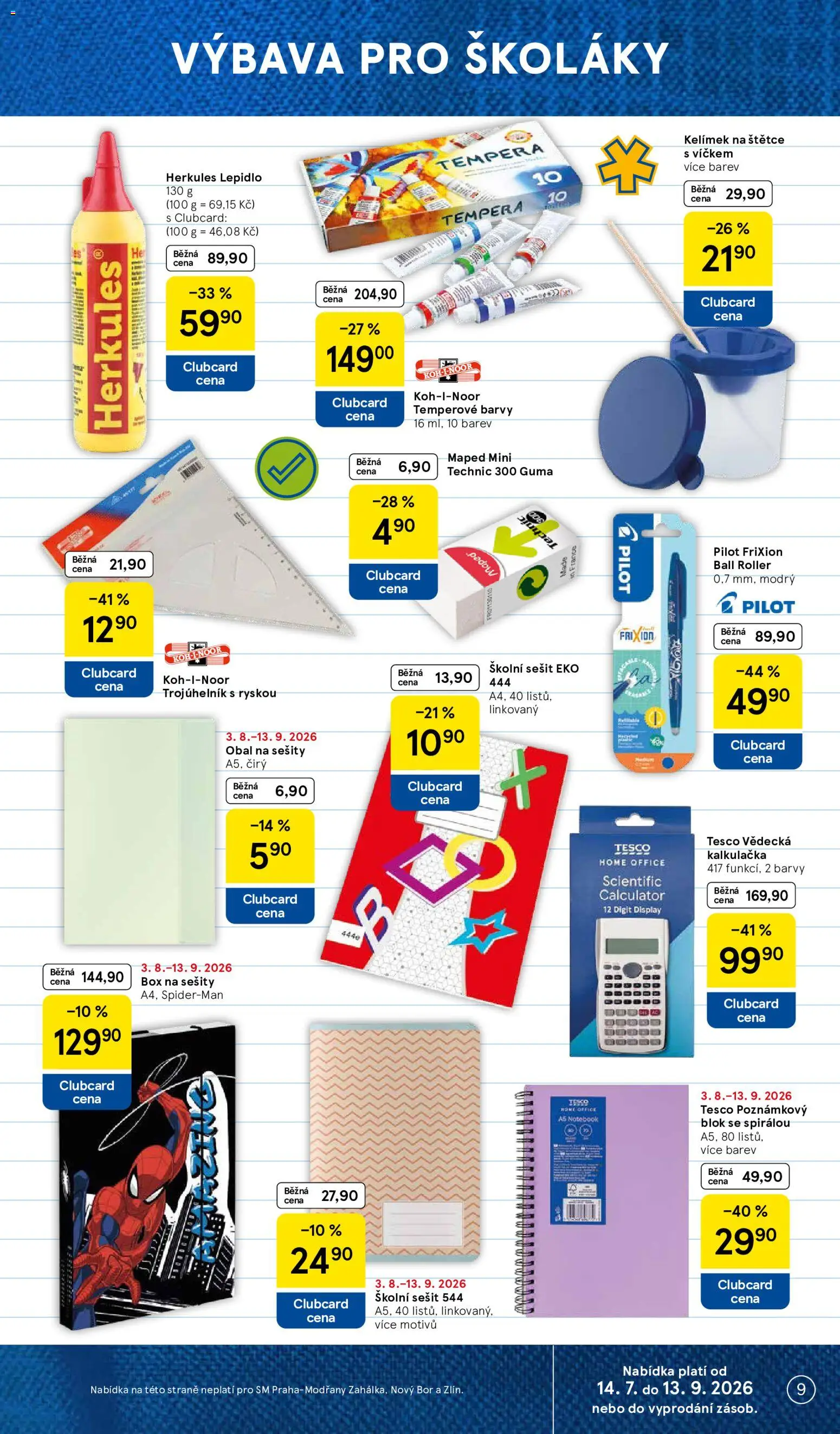 Tesco leták - Supermarket od 05.08.2026 | Strana: 9 | Produkty: Sešity, Sešit, Kalkulačka, Guma