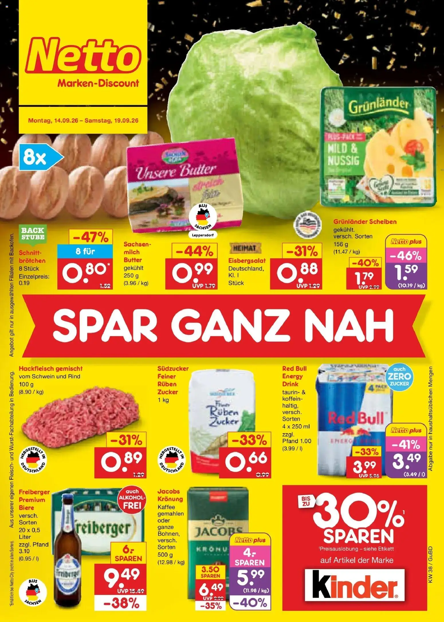 Netto Marken-Discount Prospekt Augustusburg – gültig ab 14.09.2026 | Seite: 1 | Produkte: Red bull, Butter, Eisbergsalat, Alkohol
