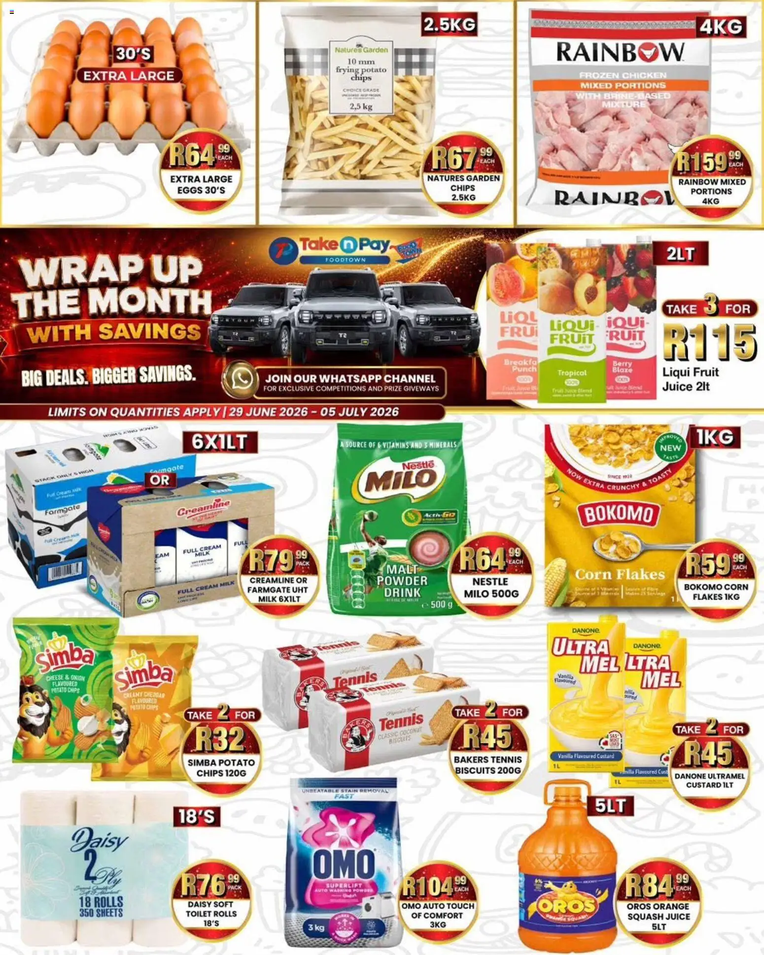 New Take n Pay catalogue – valid from 29/06/2026 | Page: 1 | Products: Squash, Chicken, Powder, Fruit