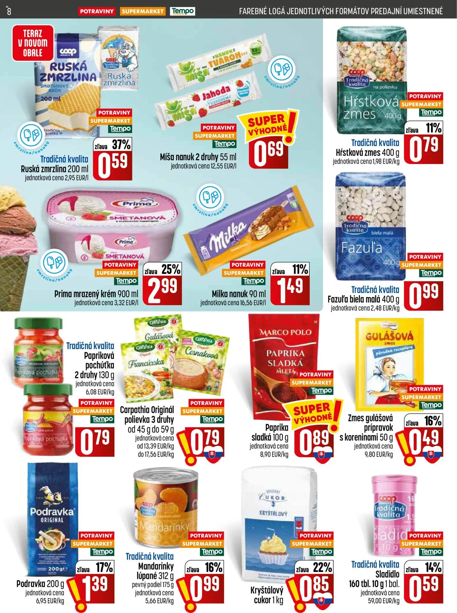 Nové COOP Jednota akcie – leták je platný od 06.08.2026 | Strana: 8 | Produkty: Fazuľa, Zmrzlina, Kryštálový cukor, Milka
