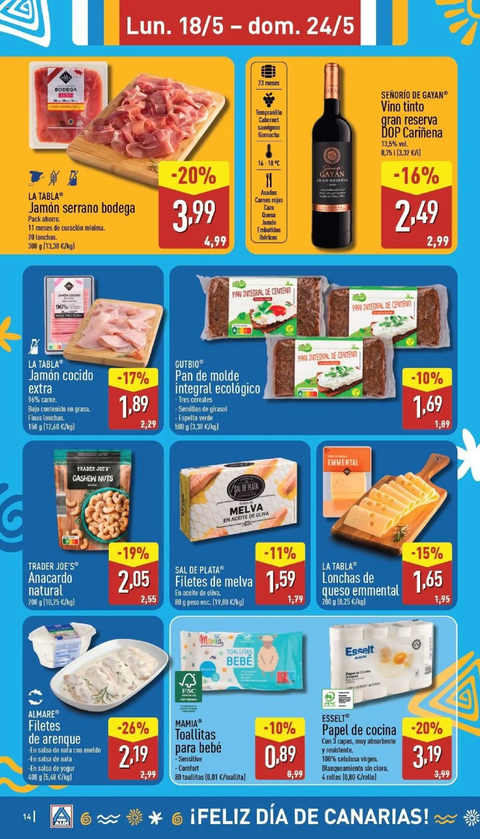 Aldi folleto Canarias │ válido desde el 18.05.2026 | Página: 14 | Productos: Jamón serrano, Queso, Aceite, Pan integral