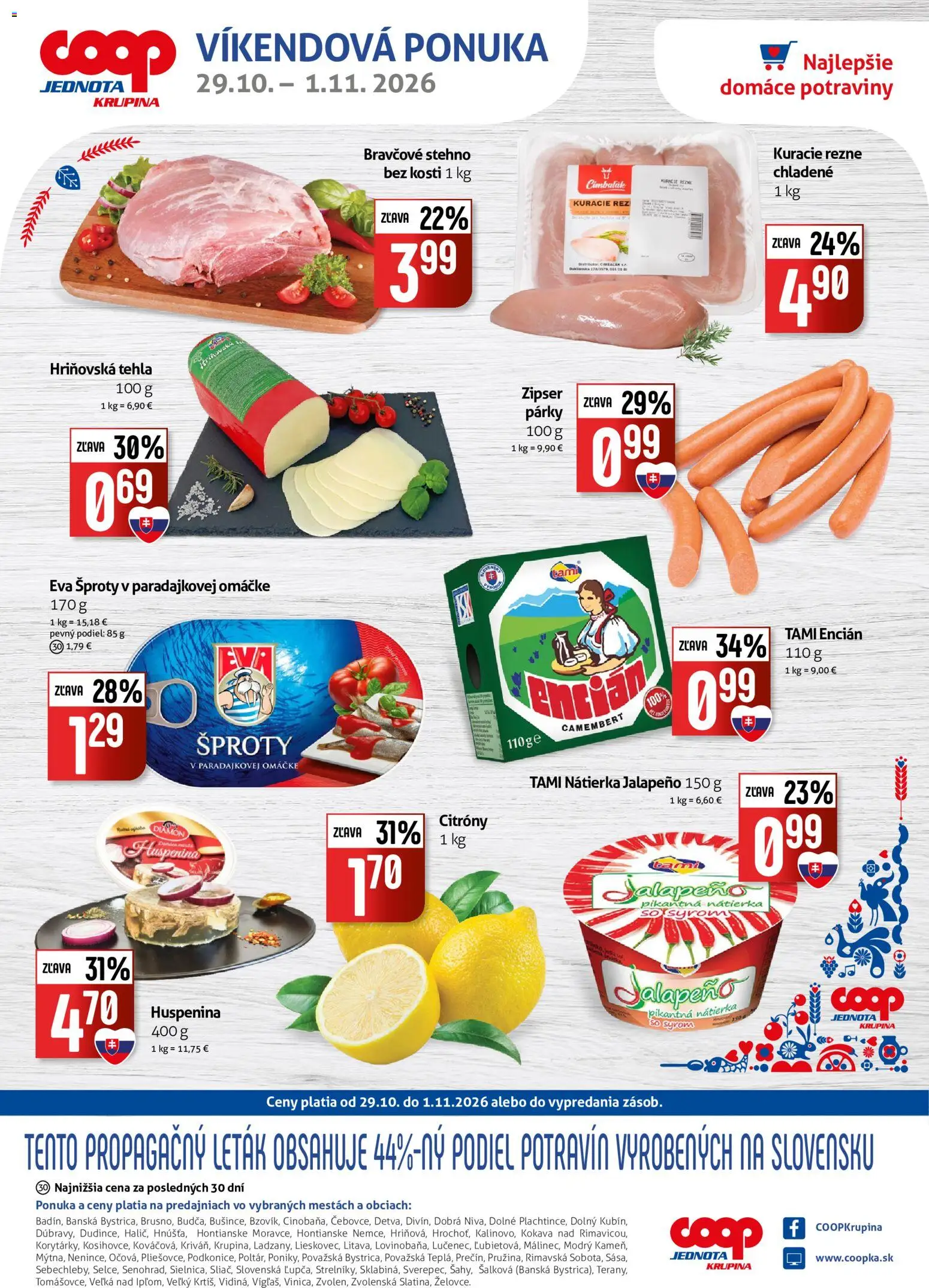 Nové COOP Jednota akcie – leták je platný od 29.10.2026 | Strana: 1 | Produkty: Nátierka, Bravčové stehno, Citróny, Párky