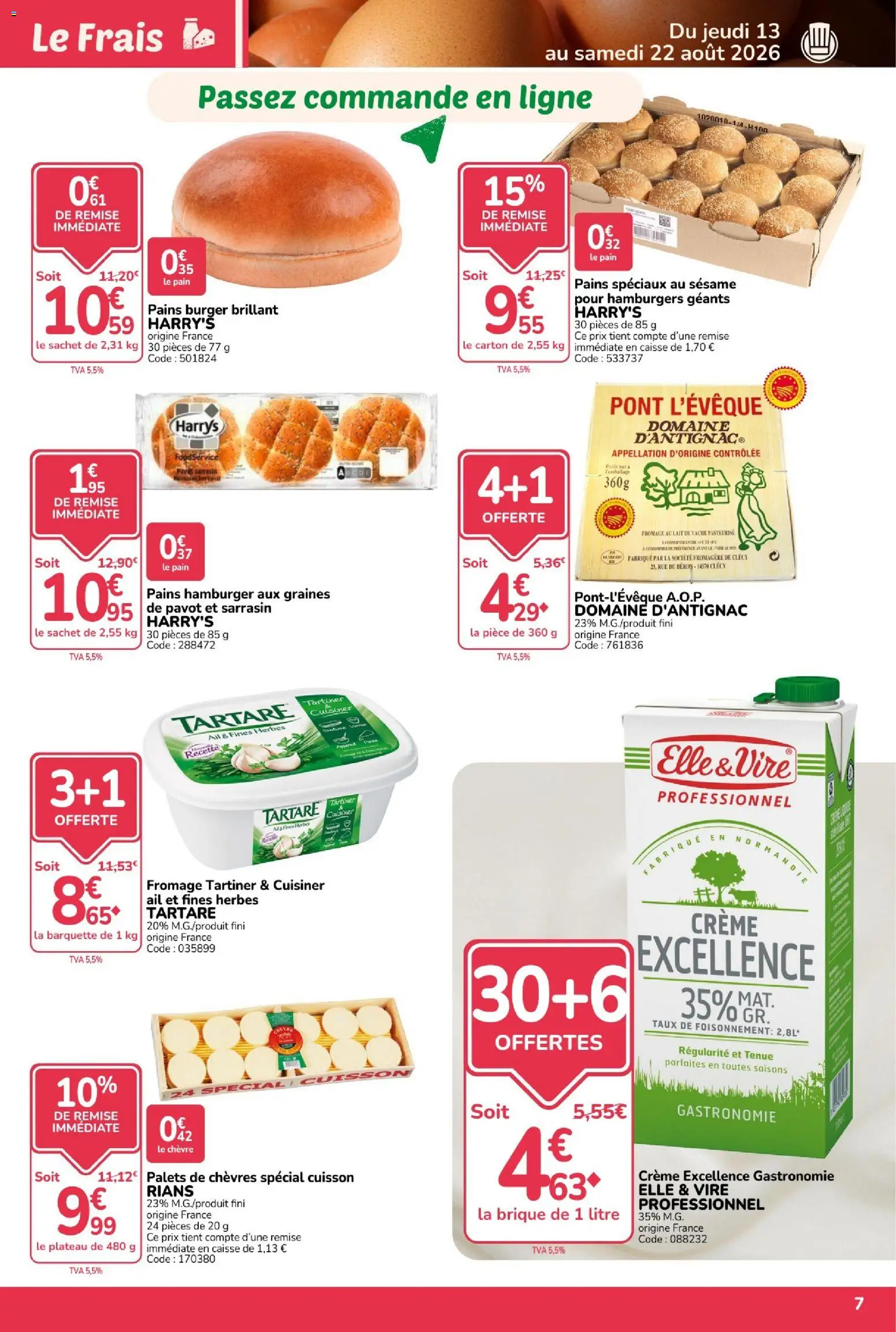 {H1} | Page: 7 | Produits: Poids, Ail, Pains hamburger, Lait