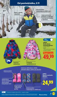 Pogląd oferty "LUPILU, Kurtka zimowa, narciarska dziecięca, Kurtka zimowa narciarska dziecięca, rozmiary: 86-128*, 3 wzory. *Nie wszystkie wzory dostępne w każdym rozmiarze." - ważna od 02.11.2026 | Strona: 21 | Produkty: Kurtka
