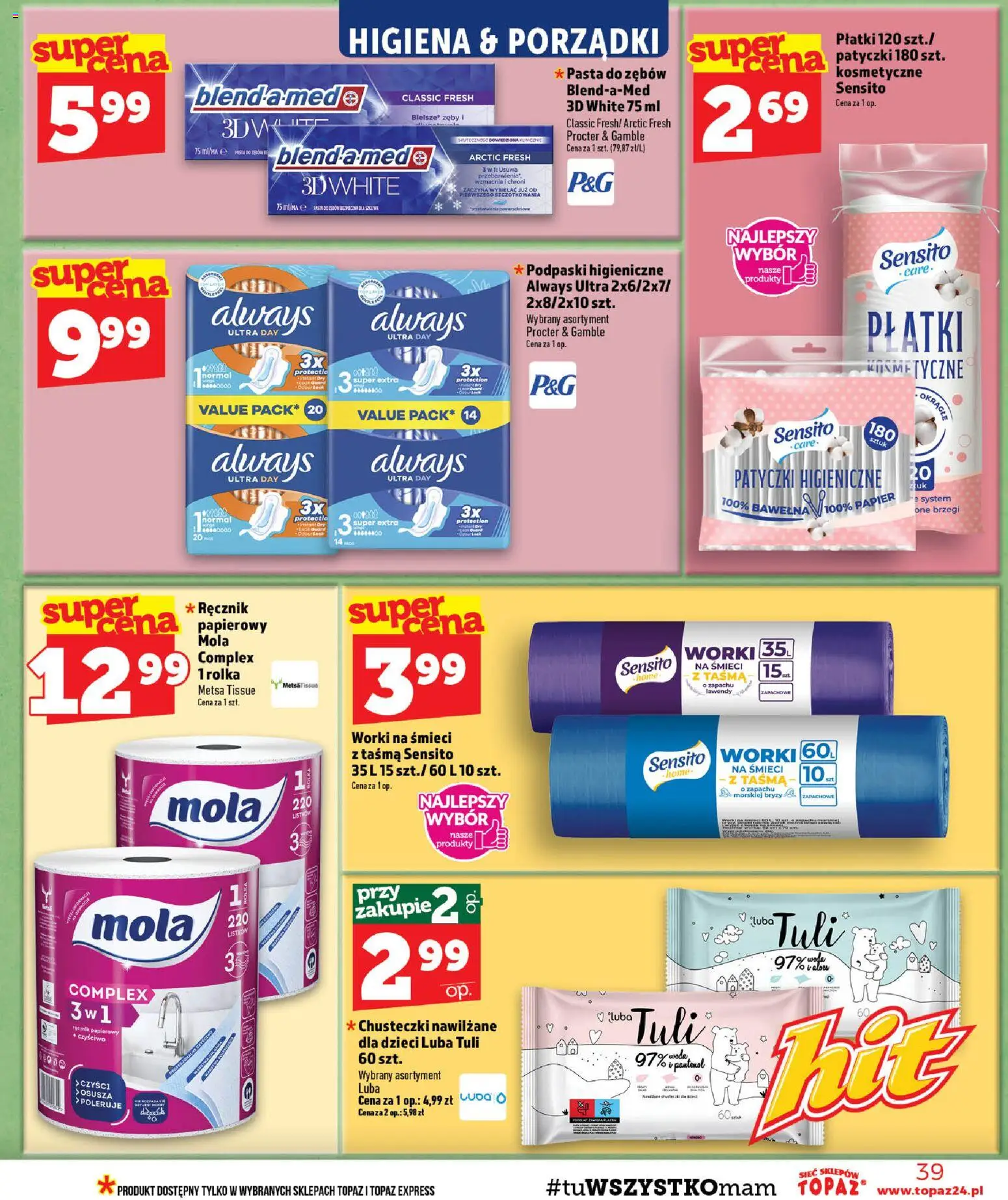 Topaz gazetka - MAZ od 27.08.2026 | Strona: 39 | Produkty: Chusteczki nawilżane, Chusteczki, Płatki, Pasta do zębów