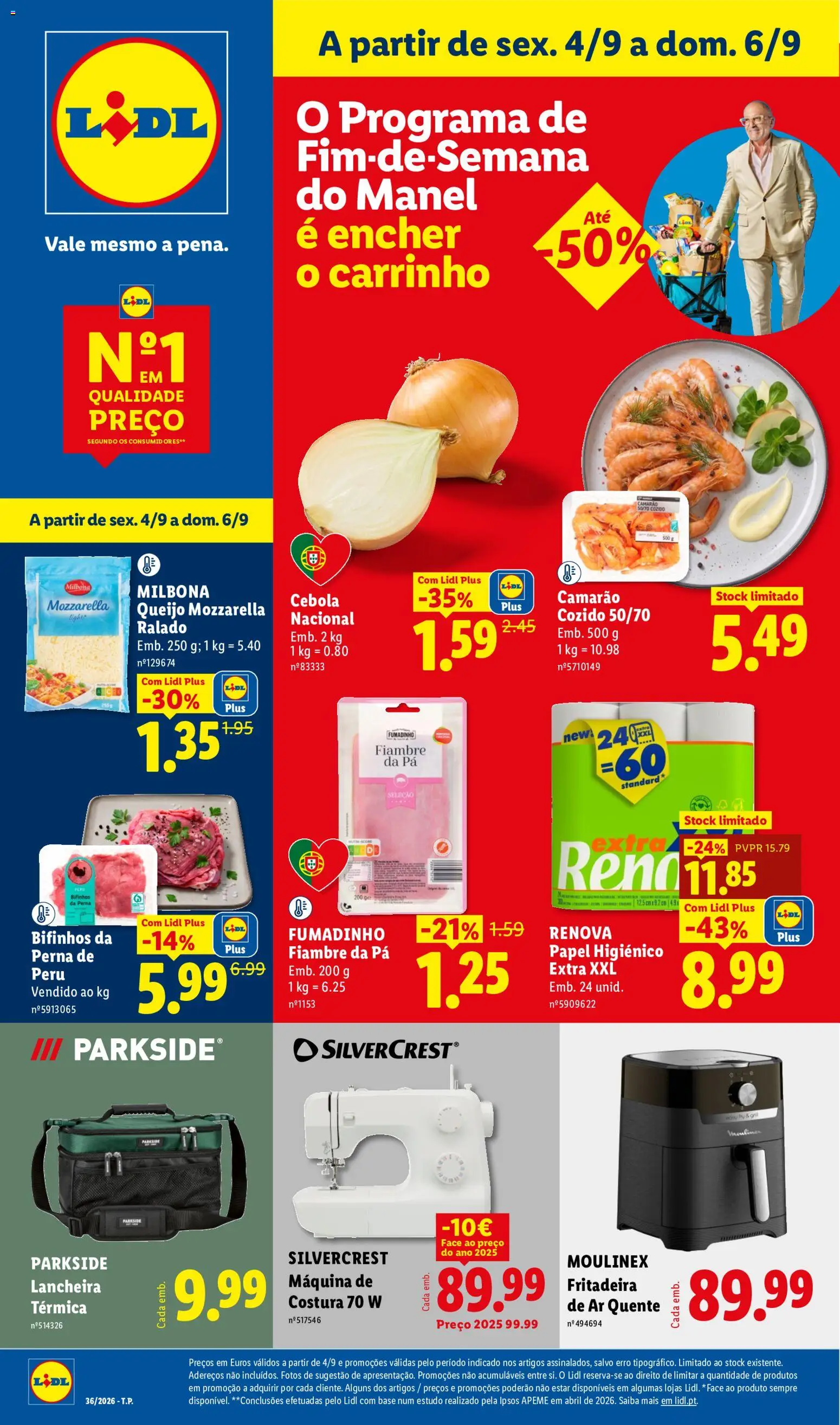Lidl folheto Fim de Semana │ válido de 04/09/2026 | Página: 1 | Produtos: Fritadeira, Fritadeira de ar quente, Camarão, Queijo