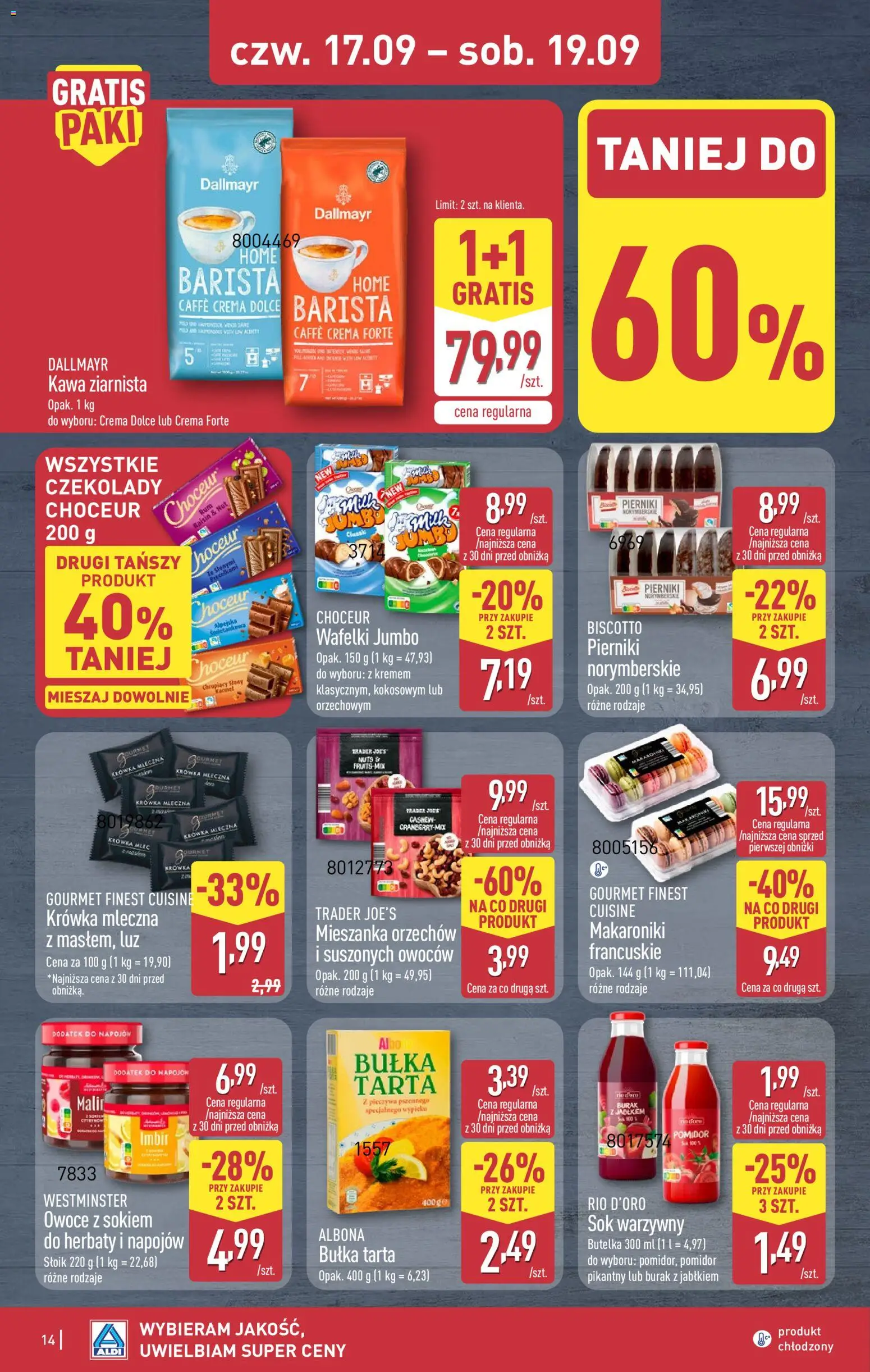 Aldi gazetka - Oferta weekendowa od 17.09.2026 | Strona: 14 | Produkty: Czekolady, Kawa ziarnista, Wafelki, Sok warzywny
