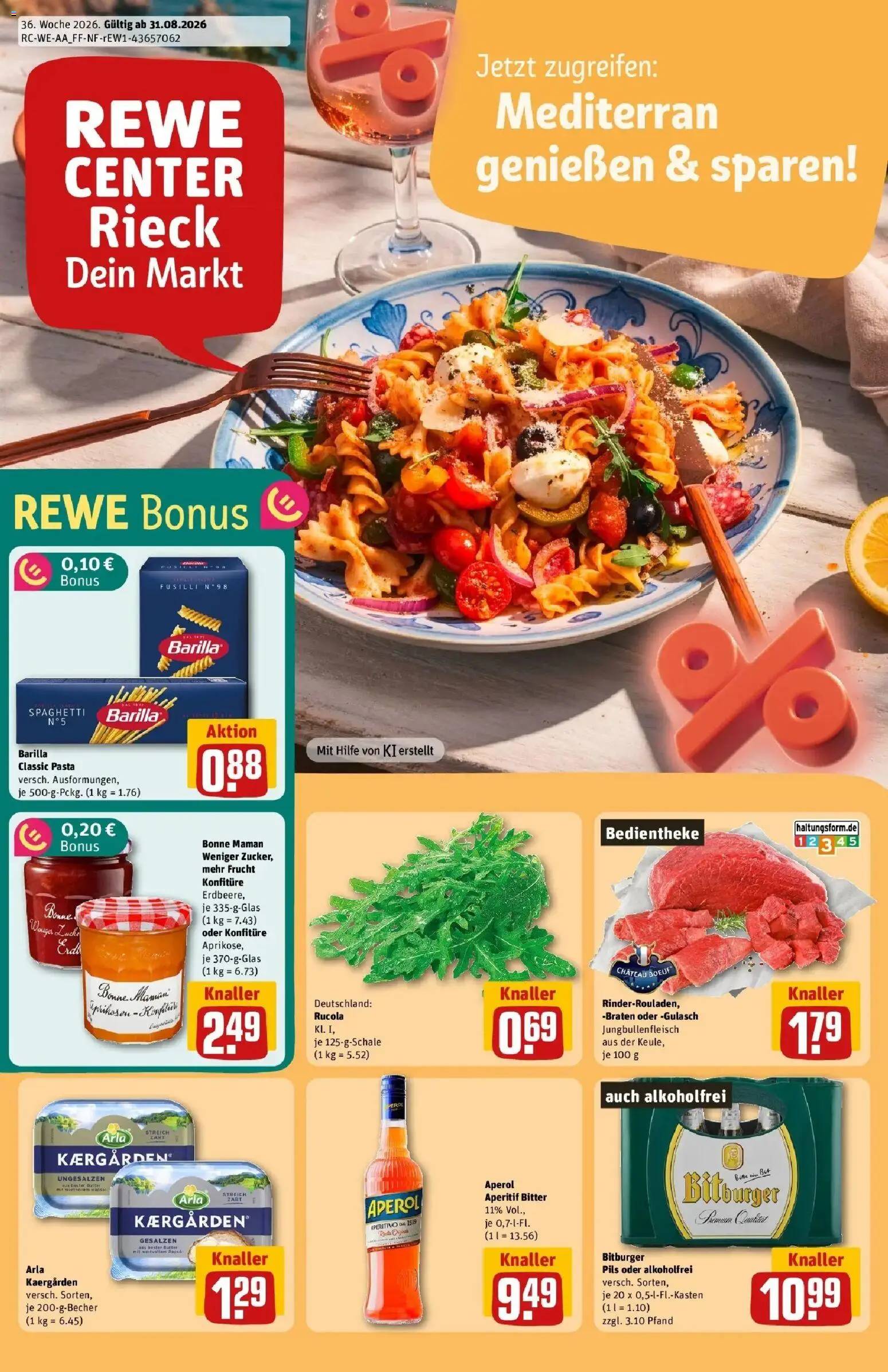 REWE Prospekt ab 31.08.2026 zum Blättern » Angebote | Seite: 1 | Produkte: Barilla, Pasta, Aperol, Bonne maman