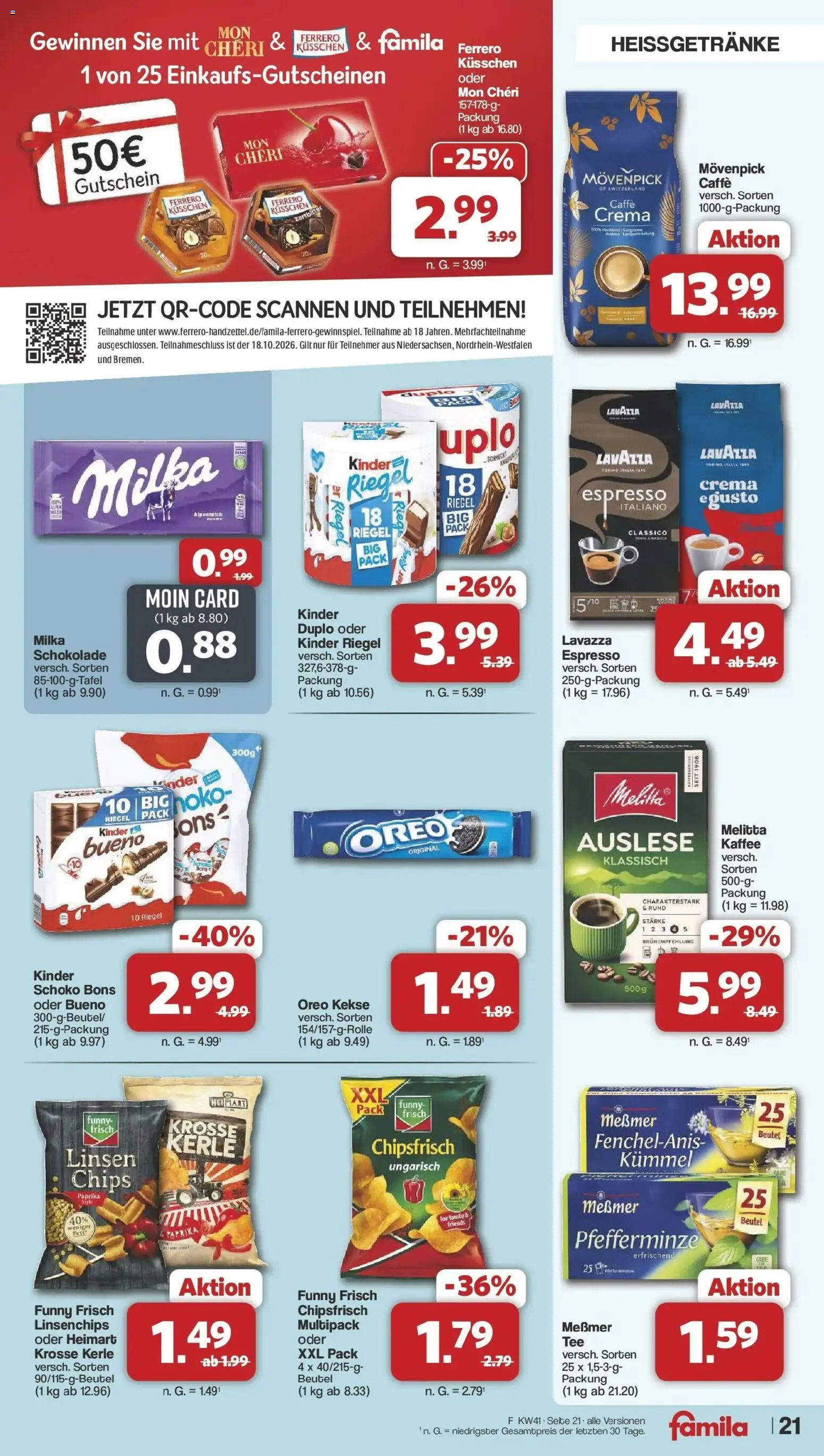 Famila Nordwest Aktueller Prospekt – gültig ab 05.10.2026 | Seite: 21 | Produkte: Melitta, Milka schokolade, Kinder riegel, Kekse
