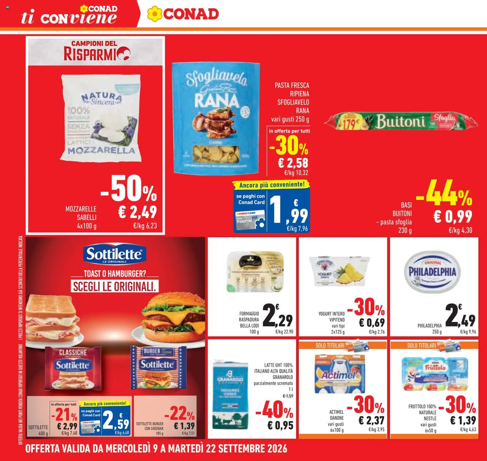 Volantino Conad del 09/09/2026 | Pagina: 6 | Prodotti: Yogurt, Mozzarella, Latte, Pasta