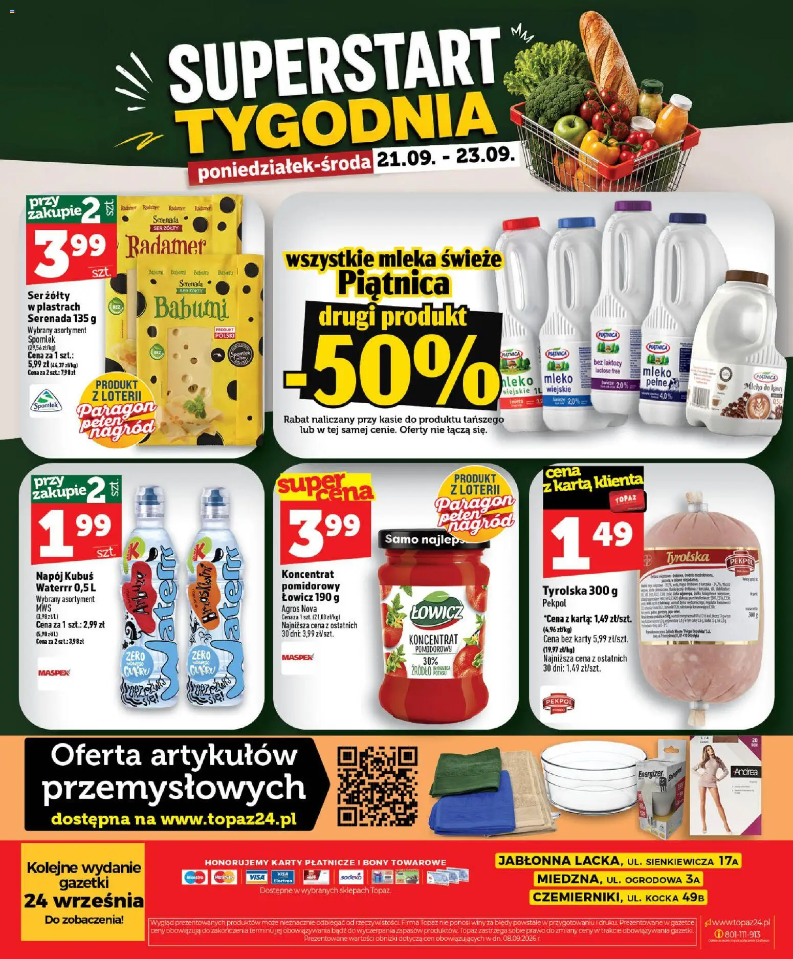 Topaz gazetka - Ceny małe na stałe od 17.09.2026 | Strona: 50 | Produkty: Bez laktozy, Mleka, Piątnica, Mleko