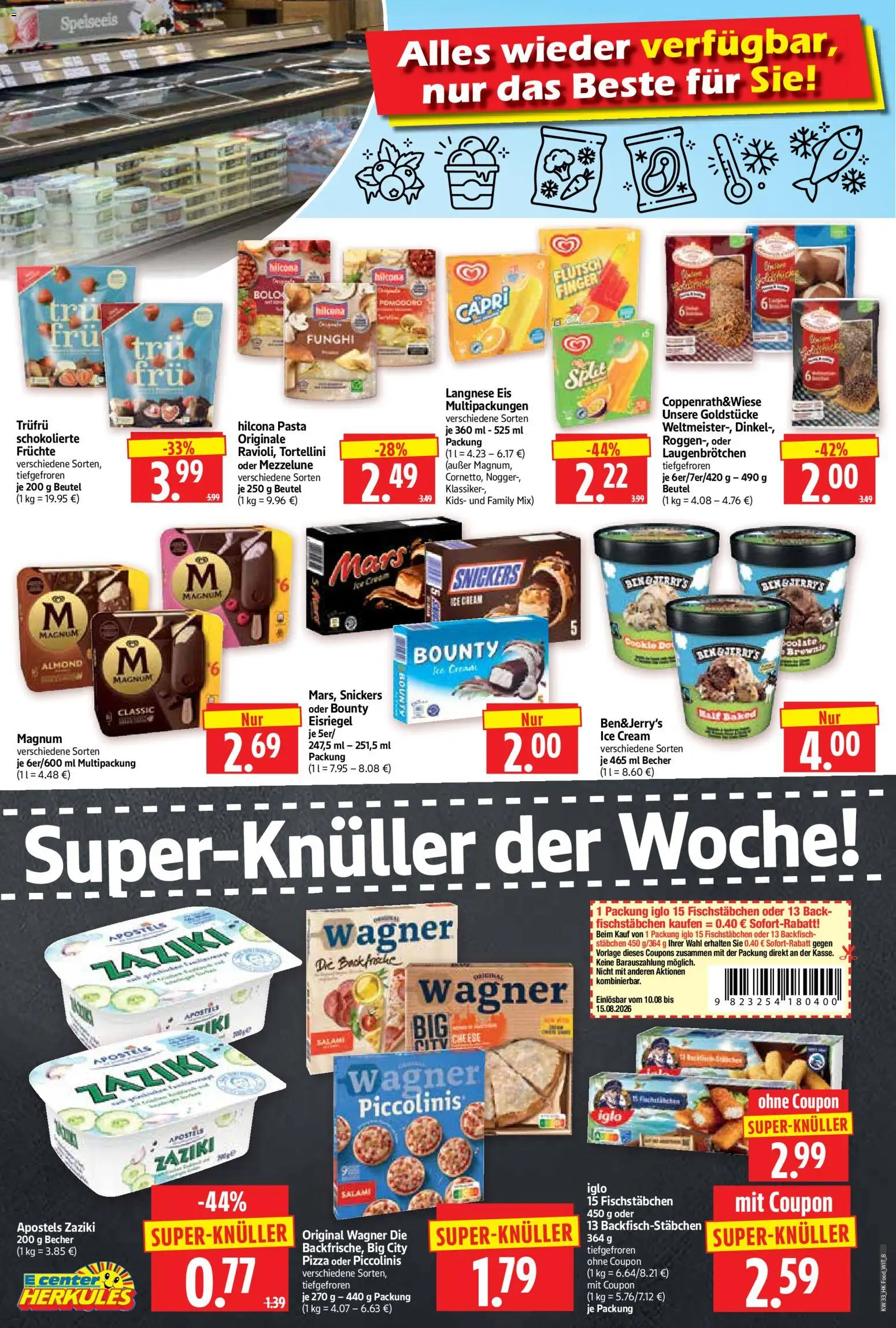 HERKULES Prospekt – gültig ab 10.08.2026 | Seite: 8 | Produkte: Snickers, Salami, Pizza, Eis