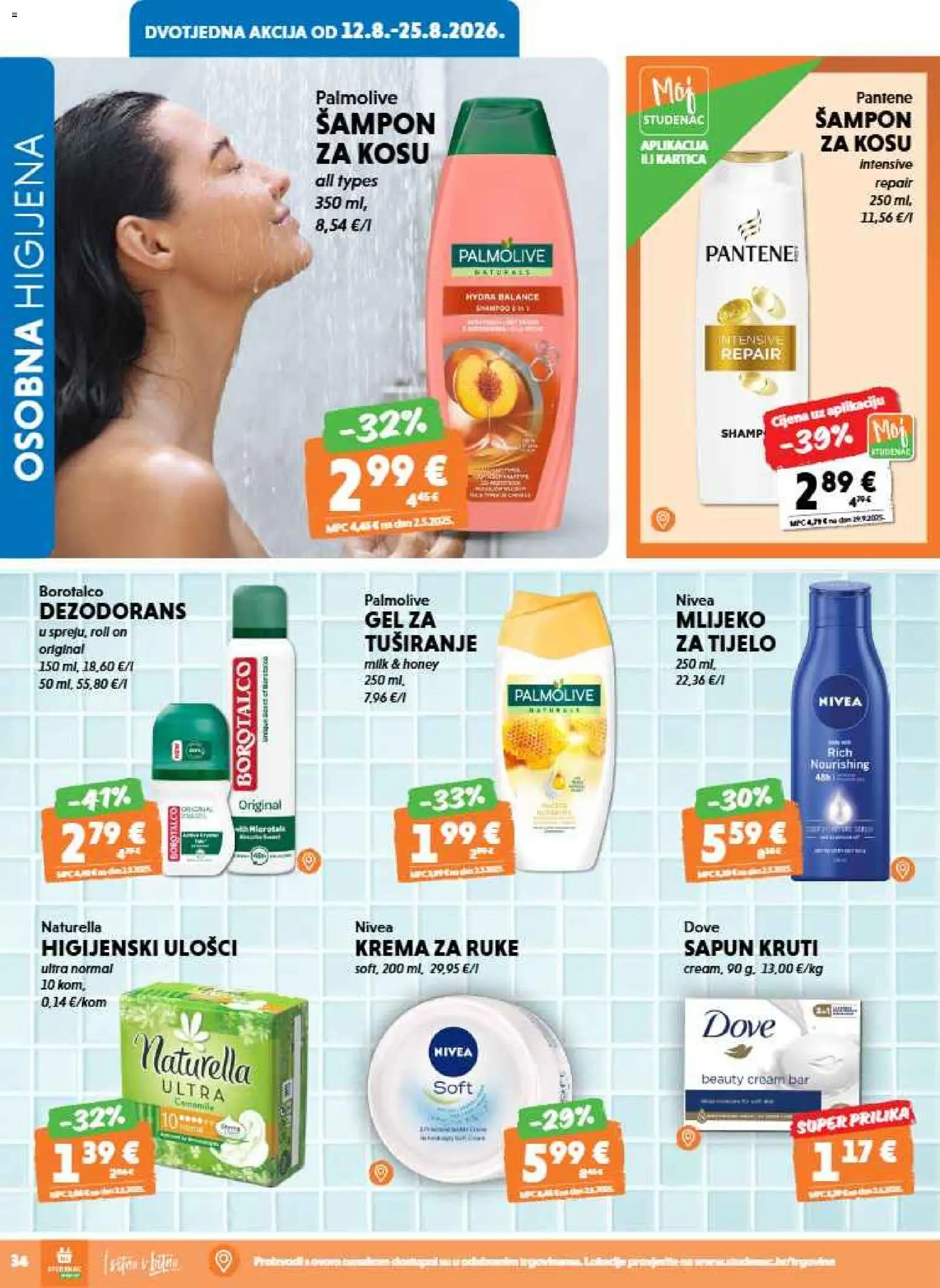 Studenac katalog | vrijedi od 12.08.2026 | Stranica: 34 | Proizvodi: Mlijeko, Dezodorans, Nivea, Borotalco