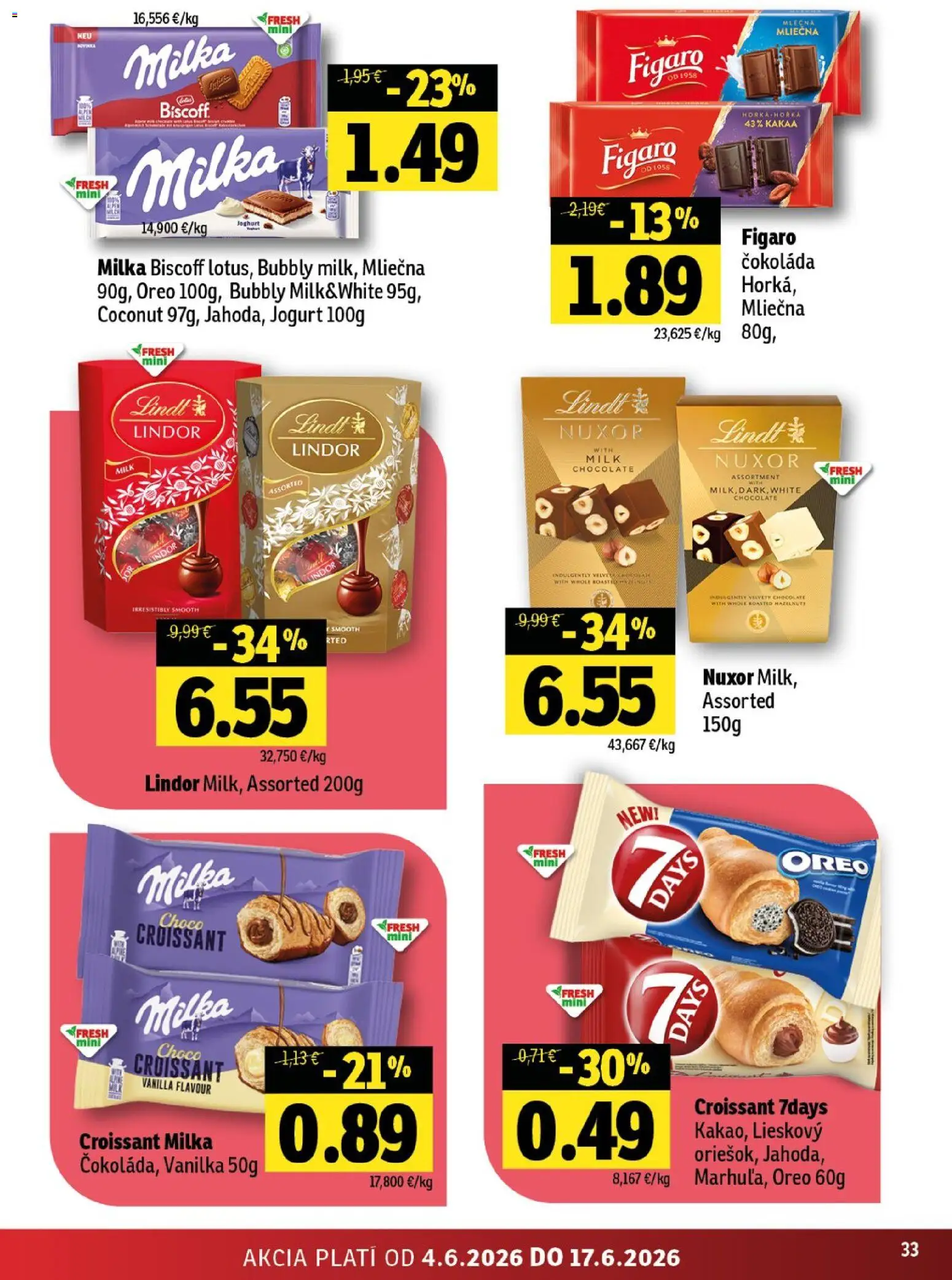 Nové Fresh akcie – leták je platný od 04.06.2026 | Strana: 33 | Produkty: Jogurt, Lindt, Čokoláda, Milka