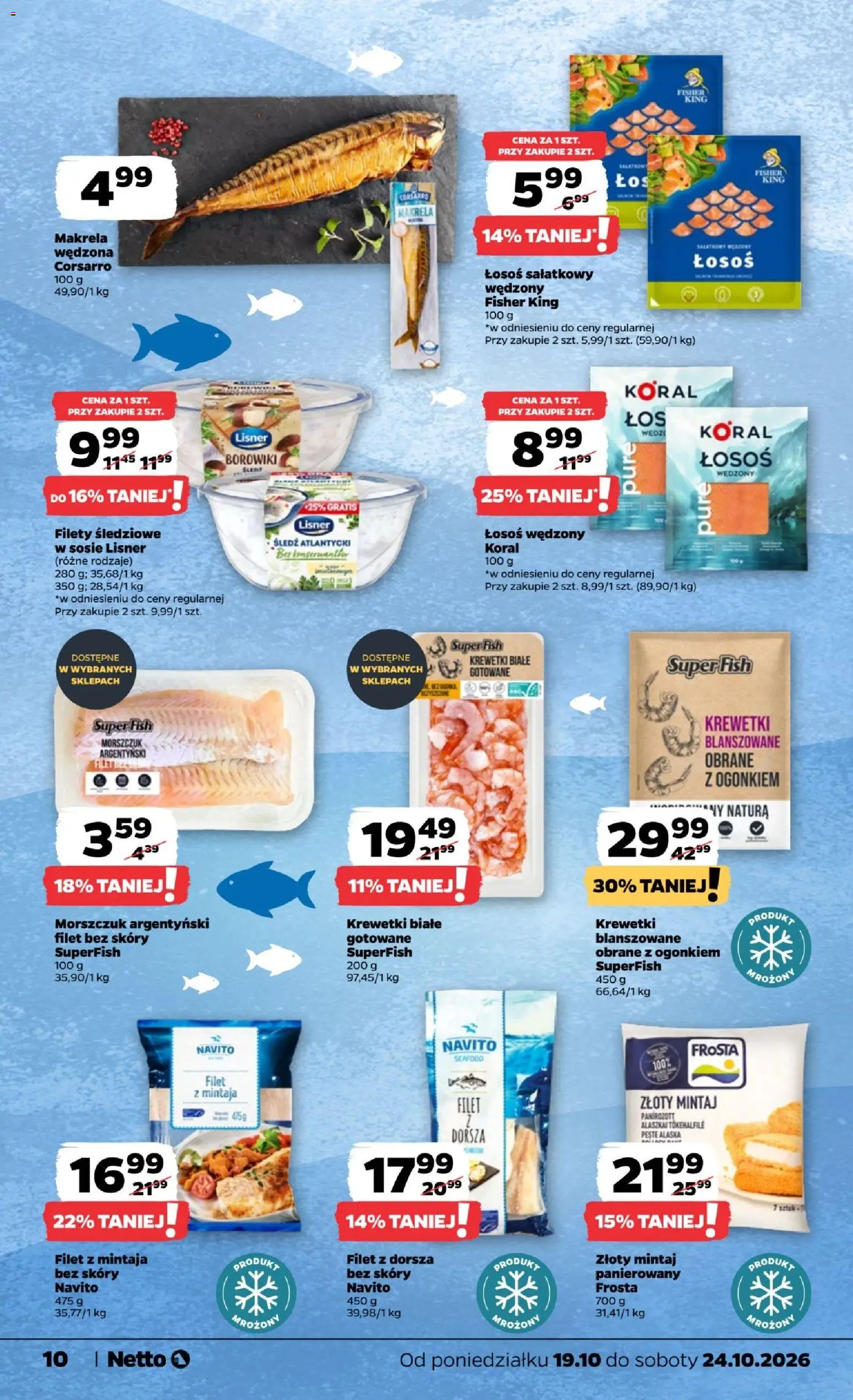 Netto gazetka od poniedziałku od 19.10.2026 | Strona: 10 | Produkty: Śledź, Makrela wędzona, Filet, Morszczuk