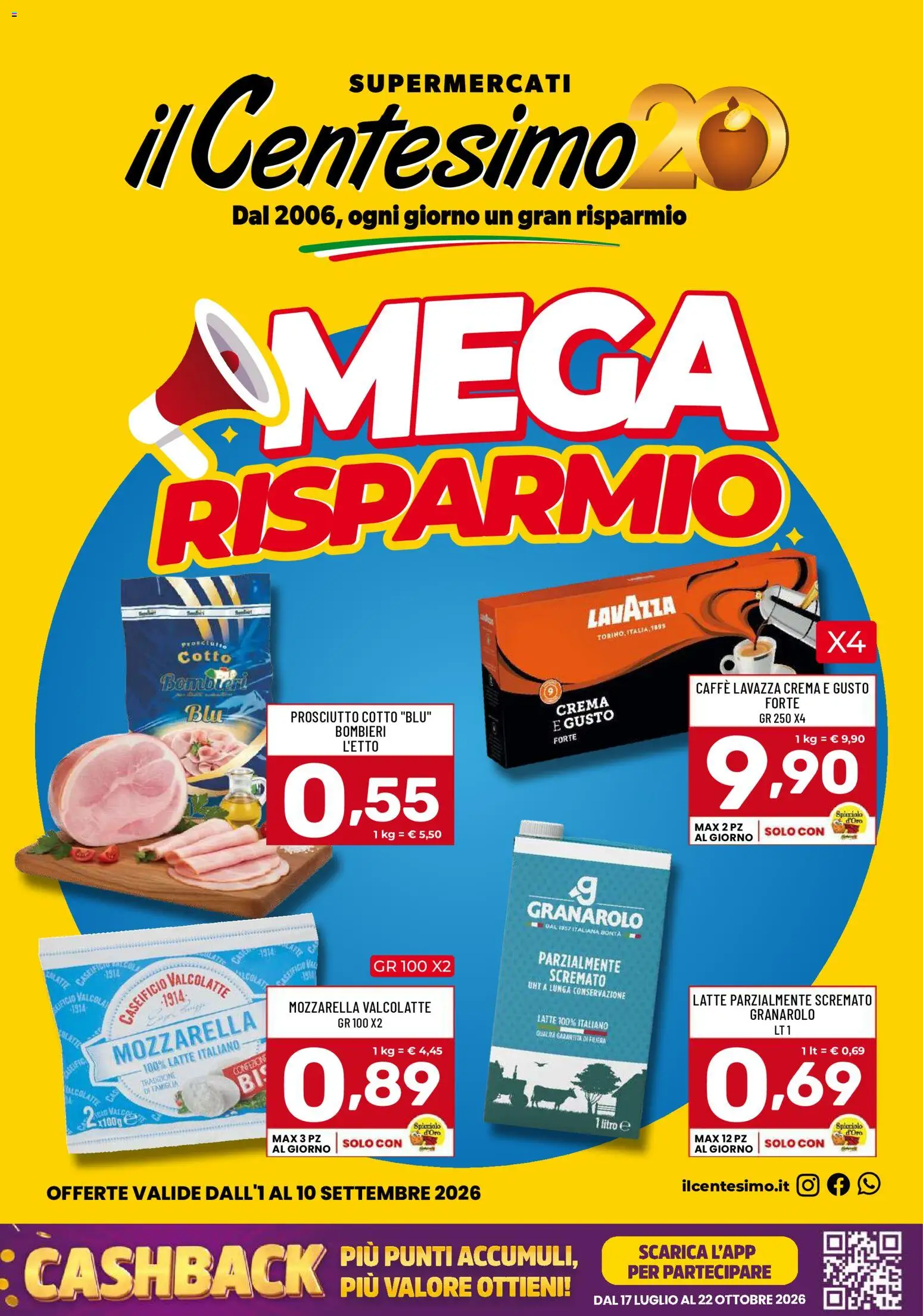 Volantino Il Centesimo del 01/09/2026 | Pagina: 1 | Prodotti: Crema, Prosciutto Cotto, Caffè, Latte parzialmente scremato