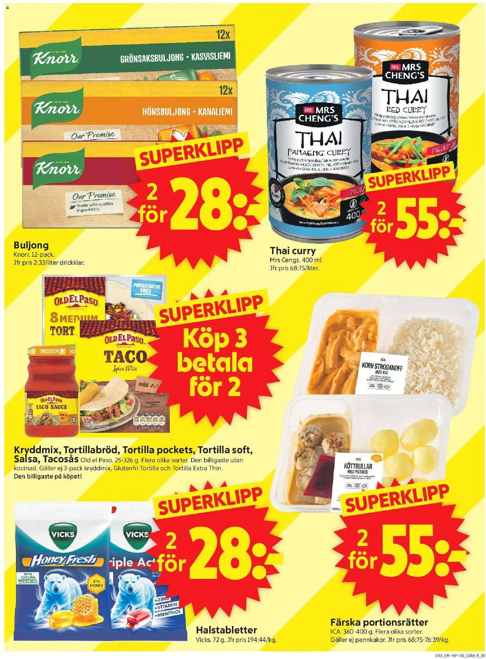 ICA Supermarket reklamblad aktuell från 19/10/2026 | Sida: 3 | Produkter: Halstabletter, Korv, Tortilla, Buljong