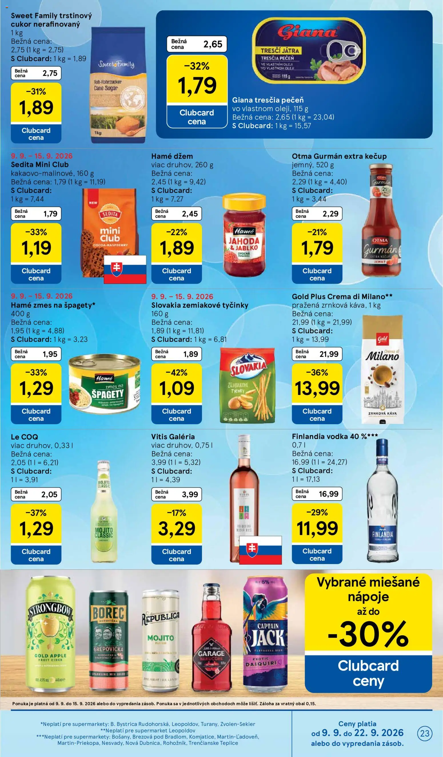 Nové Tesco akcie – leták je platný od 09.09.2026 | Strana: 23 | Produkty: Pečeň, Strongbow, Trstinový cukor, Špagety