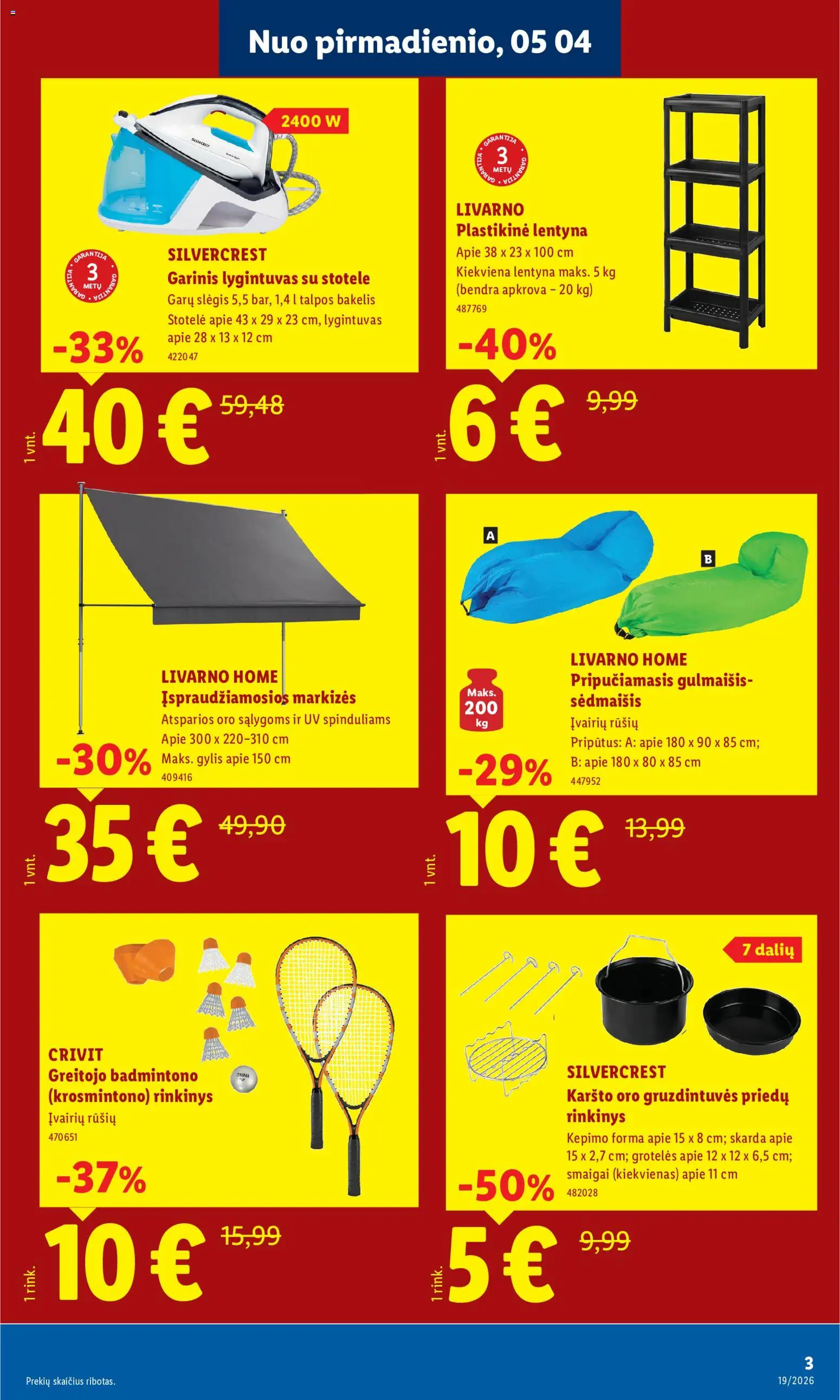 LIDL akcijos nuo 04.05.2026 | Puslapis: 3 | Prekių: Sėdmaišis, Grotelės, Lentyna, Lygintuvas