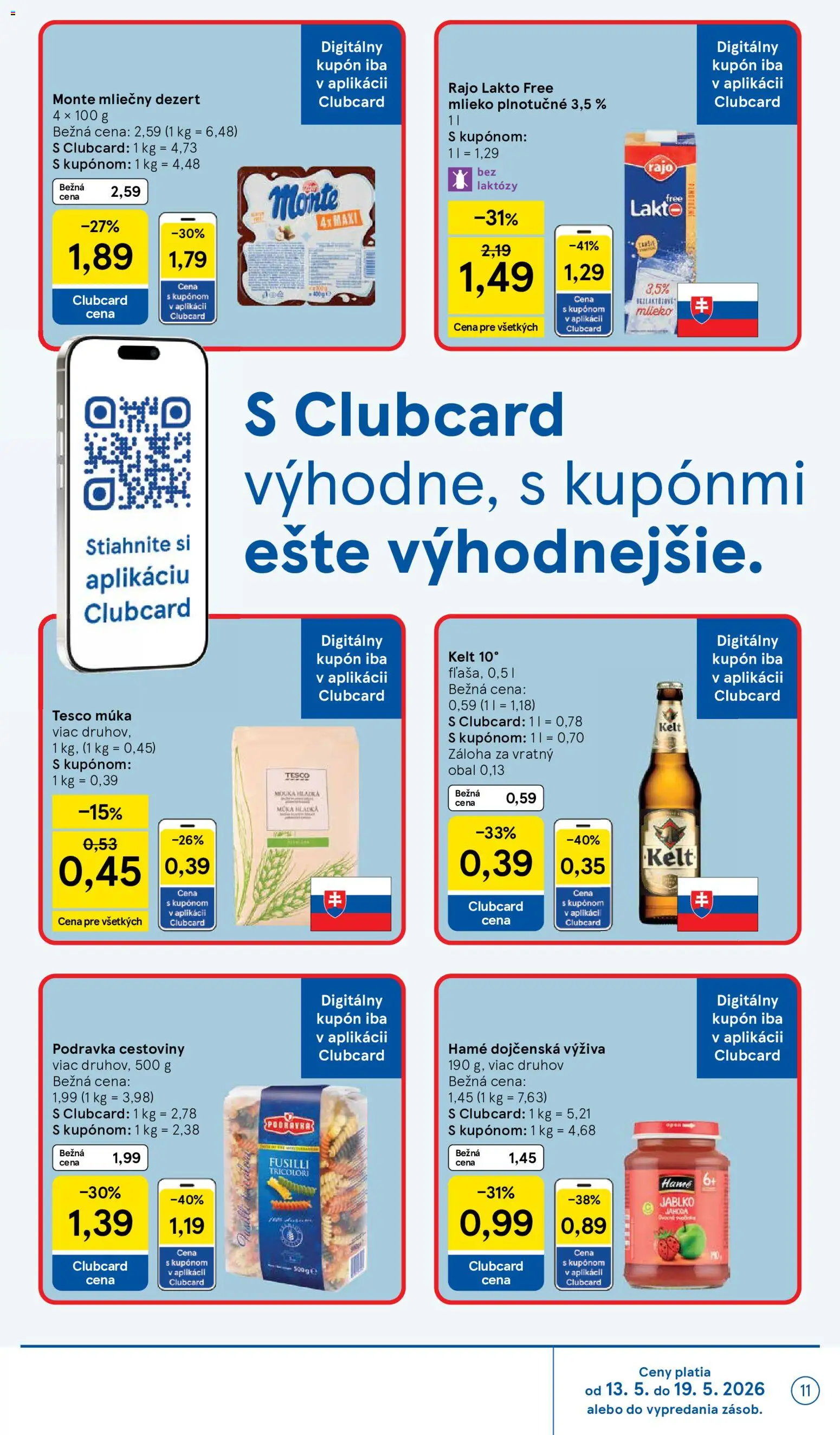 Nové Tesco akcie – leták je platný od 13.05.2026 | Strana: 11 | Produkty: Fusilli, Cestoviny, Kelt, Múka