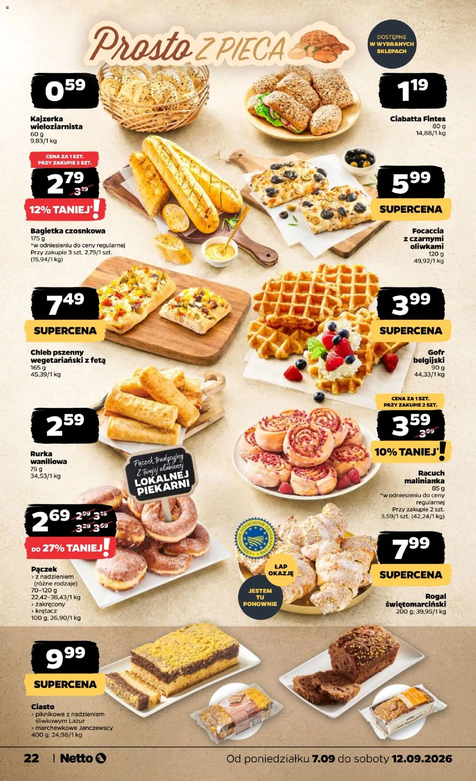 Netto gazetka od poniedziałku od 07.09.2026 | Strona: 22 | Produkty: Ciasto, Rogal świętomarciński, Kajzerka, Chleb