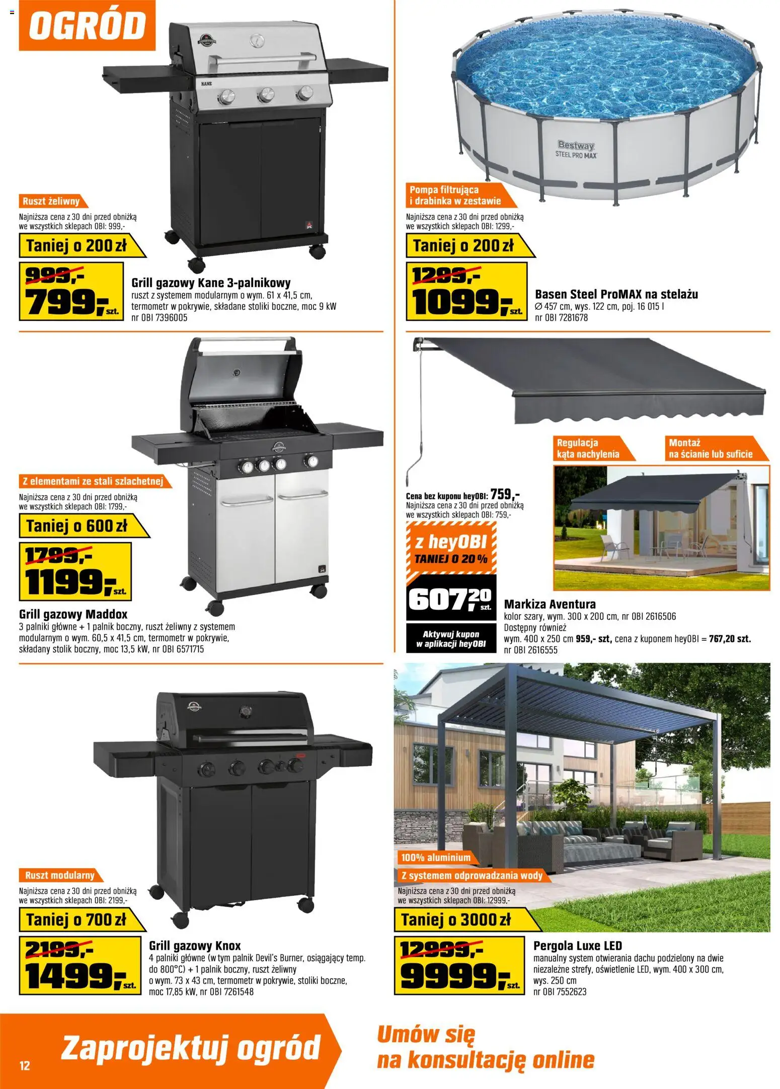 OBI gazetka od 08.07.2026 | Strona: 12 | Produkty: Grill, Termometr, Ruszt, Basen
