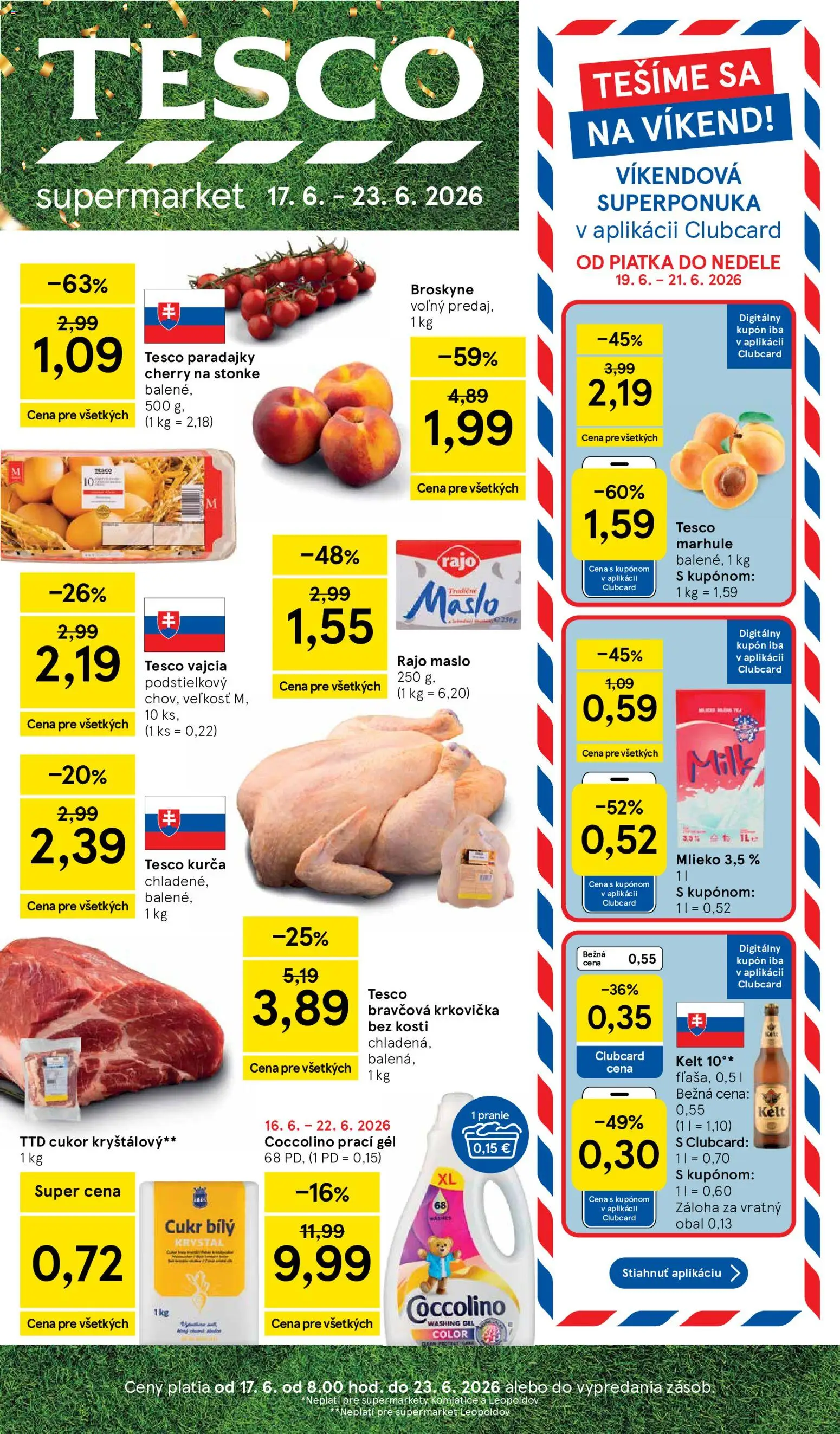 Nové Tesco akcie – leták je platný od 17.06.2026 | Strana: 1 | Produkty: Maslo, Vajcia, Paradajky, Kelt