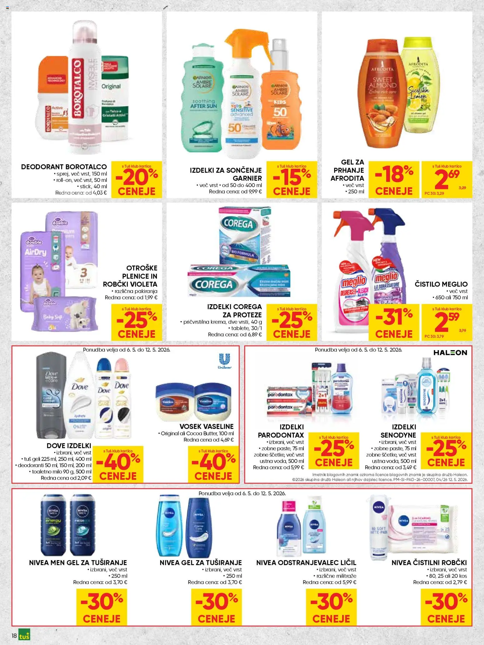 Novi Tuš katalog ponudbe – veljaven od 29.04.2026 | Stran: 18 | Izdelki: Plenice, Robčki, Odstranjevalec licil, Gel za tusiranje