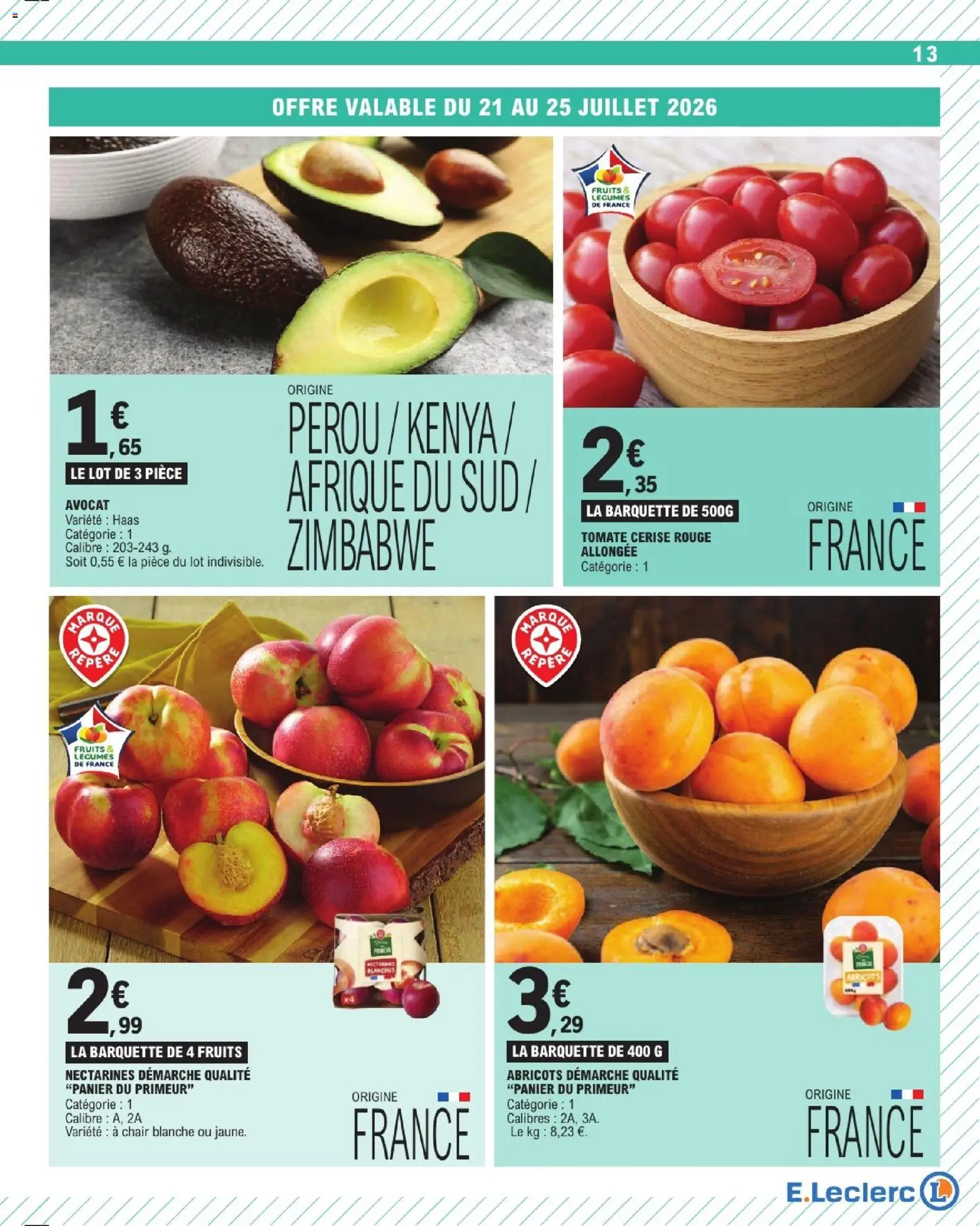 {H1} | Page: 13 | Produits: Avocat, Panier, Tomate cerise, Abricots
