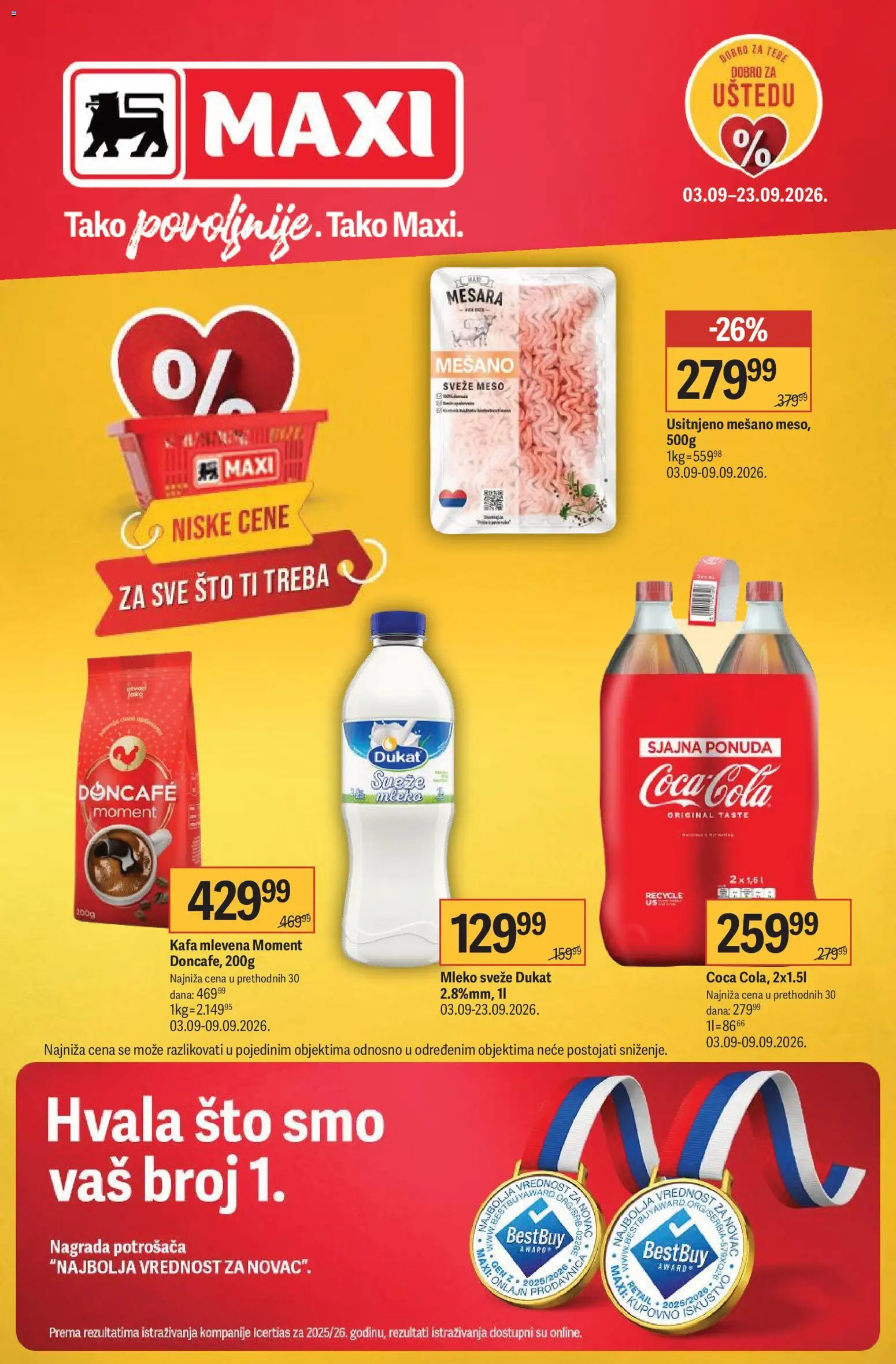 Maxi katalog - važi od 03.09.2026 | Strana: 1 | Proizvode: Sto, Mleko, Meso, Kafa