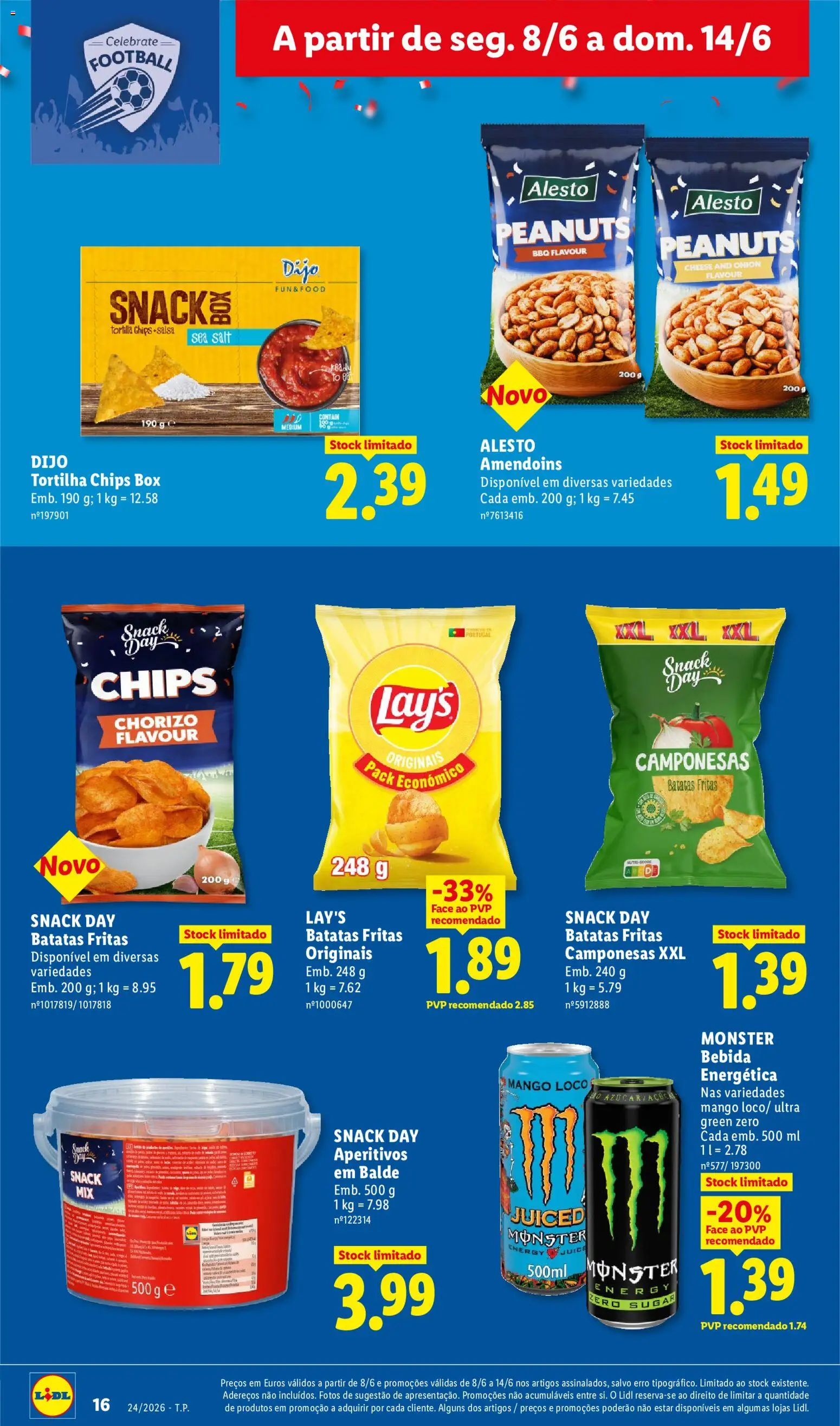 Lidl folheto │ válido de 08.06.2026 | Página: 16 | Produtos: Amendoins, Balde, Batatas fritas, Bebida