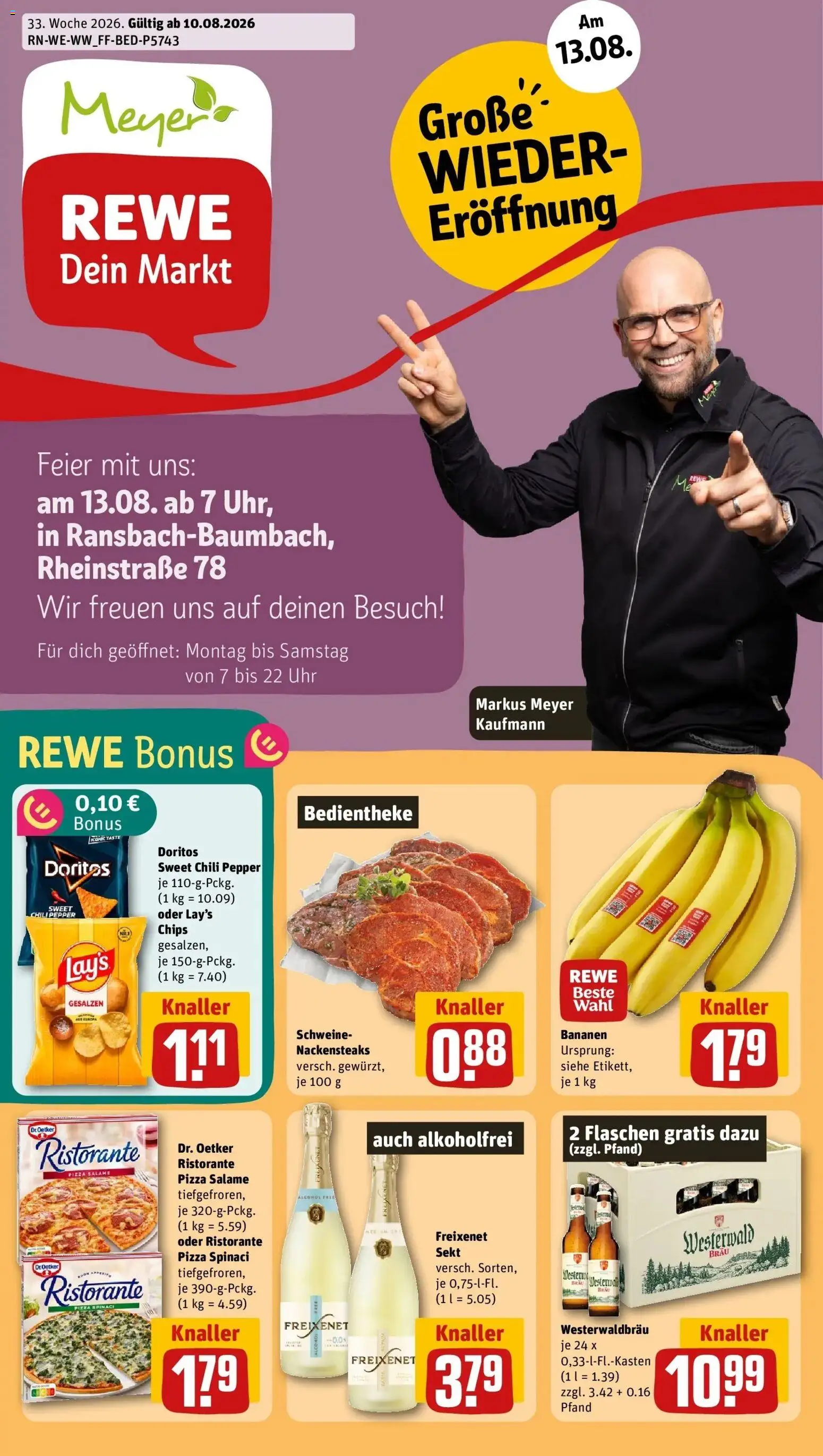 Rewe Prospekt Ransbach / Baumbach – gültig ab 10.08.2026 | Seite: 1 | Produkte: Ristorante, Sekt, Bananen, Chips