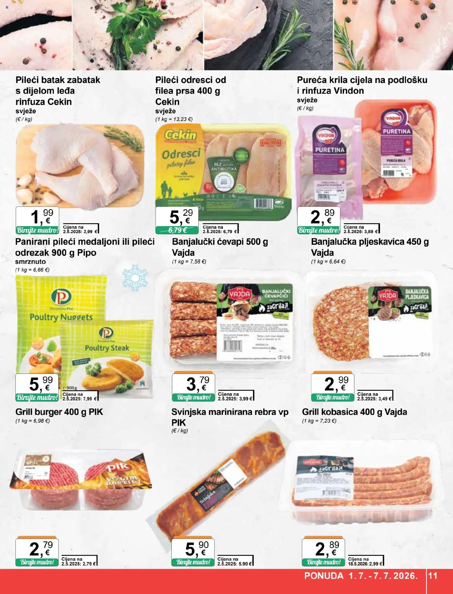 KTC katalog | vrijedi od 01.07.2026 | Stranica: 11 | Proizvodi: Puretina, Pileći medaljoni, Kobasica, Ćevapčići