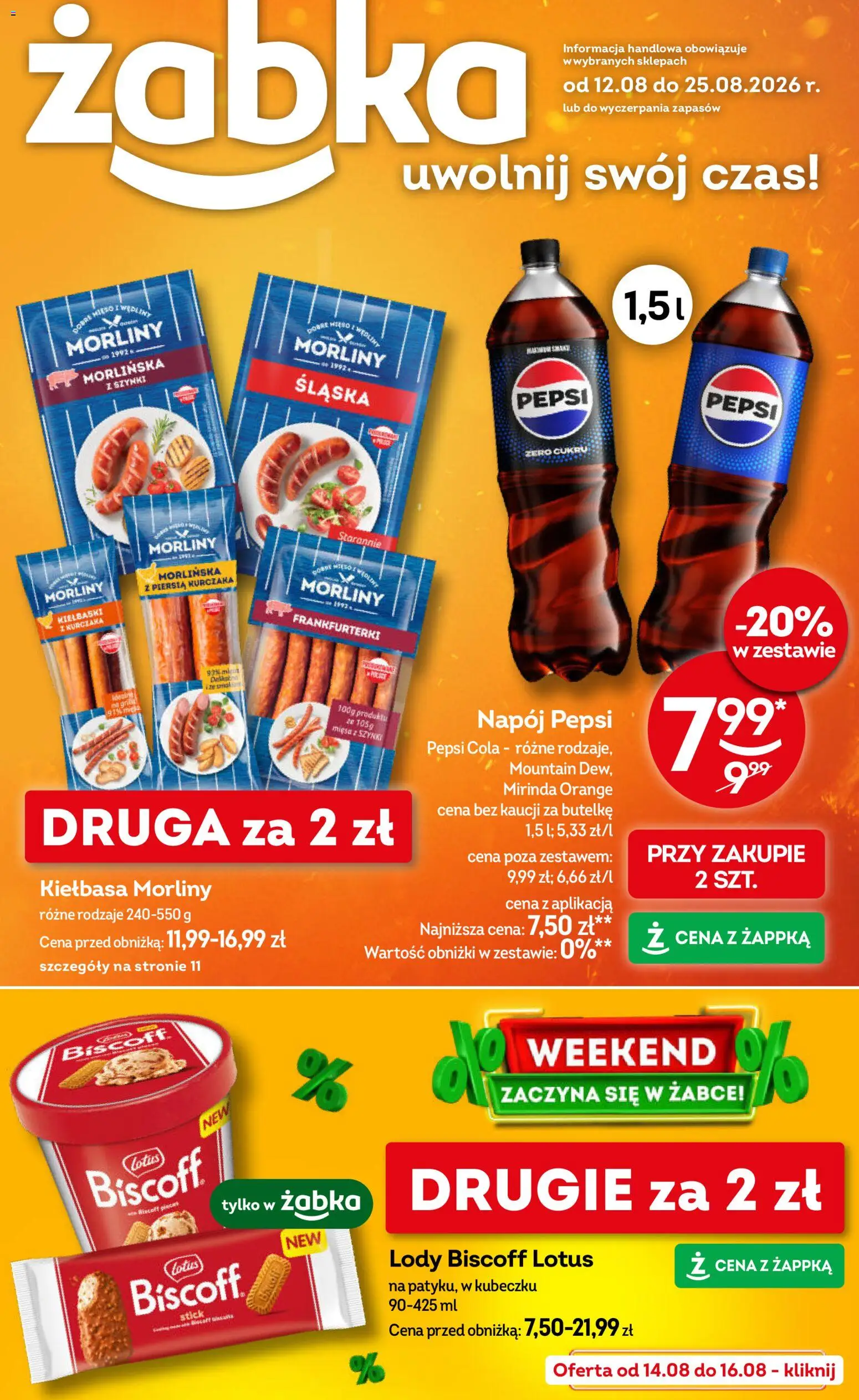 Żabka gazetka od 10.08.2026 | Strona: 1 | Produkty: Kiełbasa, Pepsi cola, Lody, Pepsi Zero
