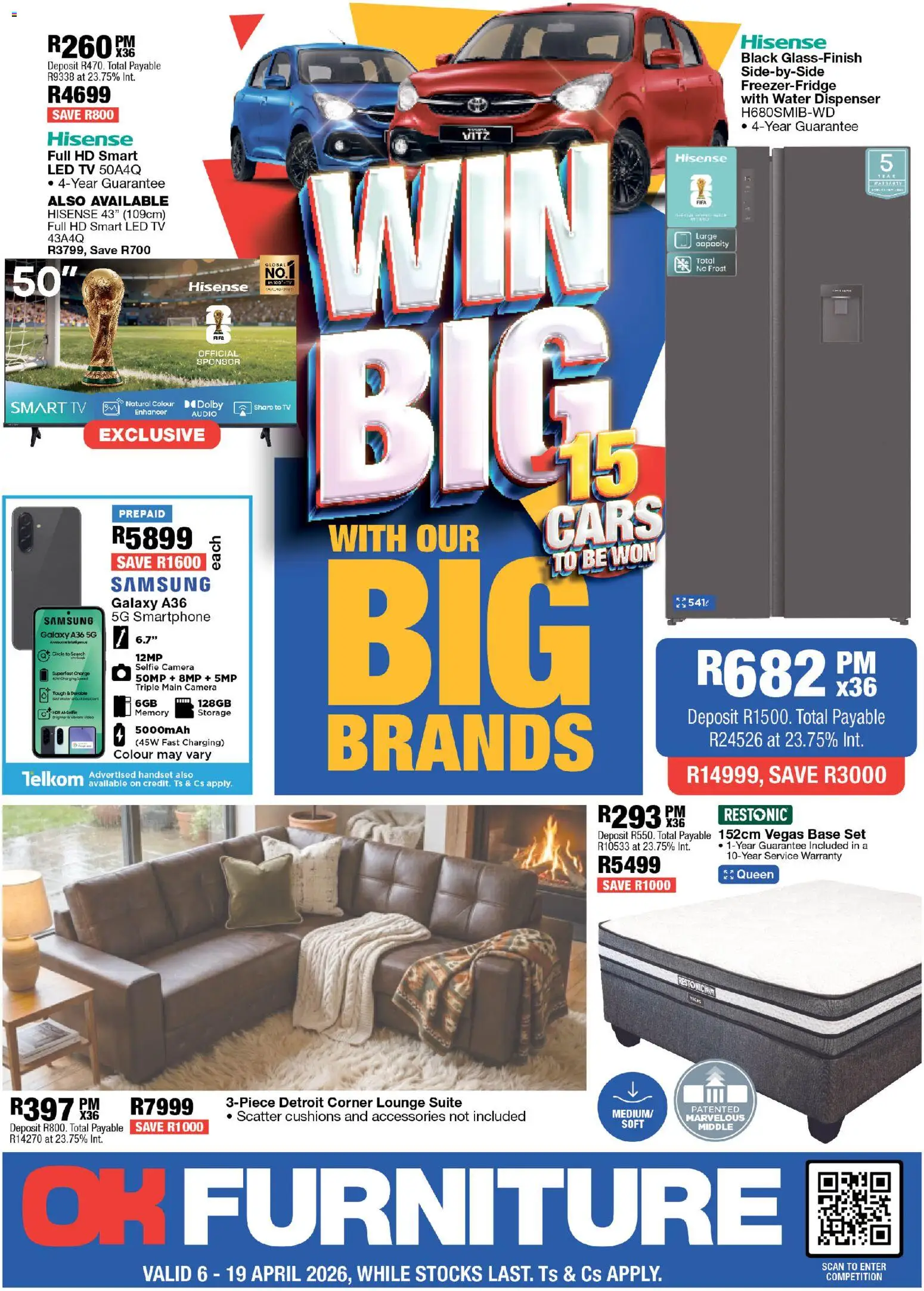 New OK Furniture catalogue – valid from 06.04.2026 | Page: 1 | Products: Smartphone, Camera, Lounge suite, Water