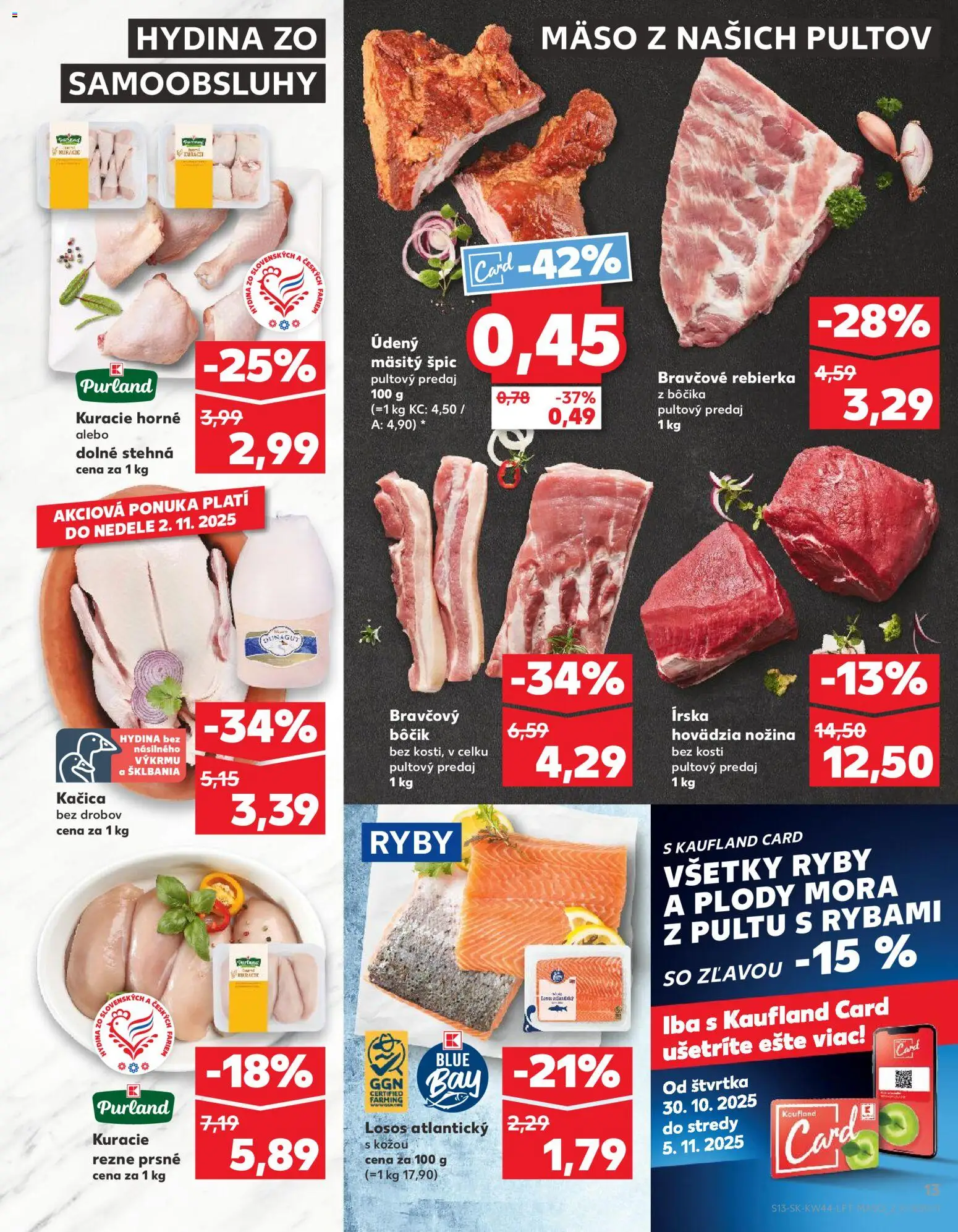 Nové Kaufland akcie – leták je platný od 30.10.2025 | Strana: 13 | Produkty: Ryby, Bravčový bôčik, Mäso, Kuracie rezne