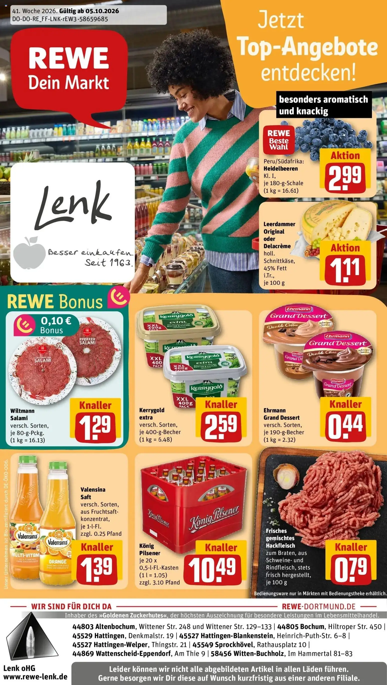 REWE Prospekt ab 05.10.2026 zum Blättern » Angebote | Seite: 1 | Produkte: Konig pilsener, Heidelbeeren, Fruchtsaft, Hackfleisch