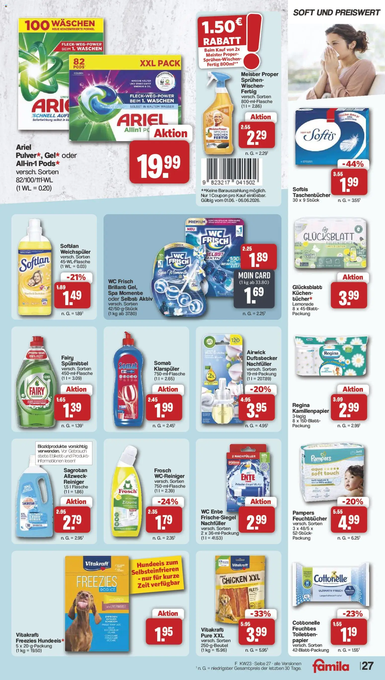 Famila Nordwest Prospekt – gültig ab 01.06.2026 | Seite: 27 | Produkte: Ariel, Weichspüler, Klarspüler, Zitrone