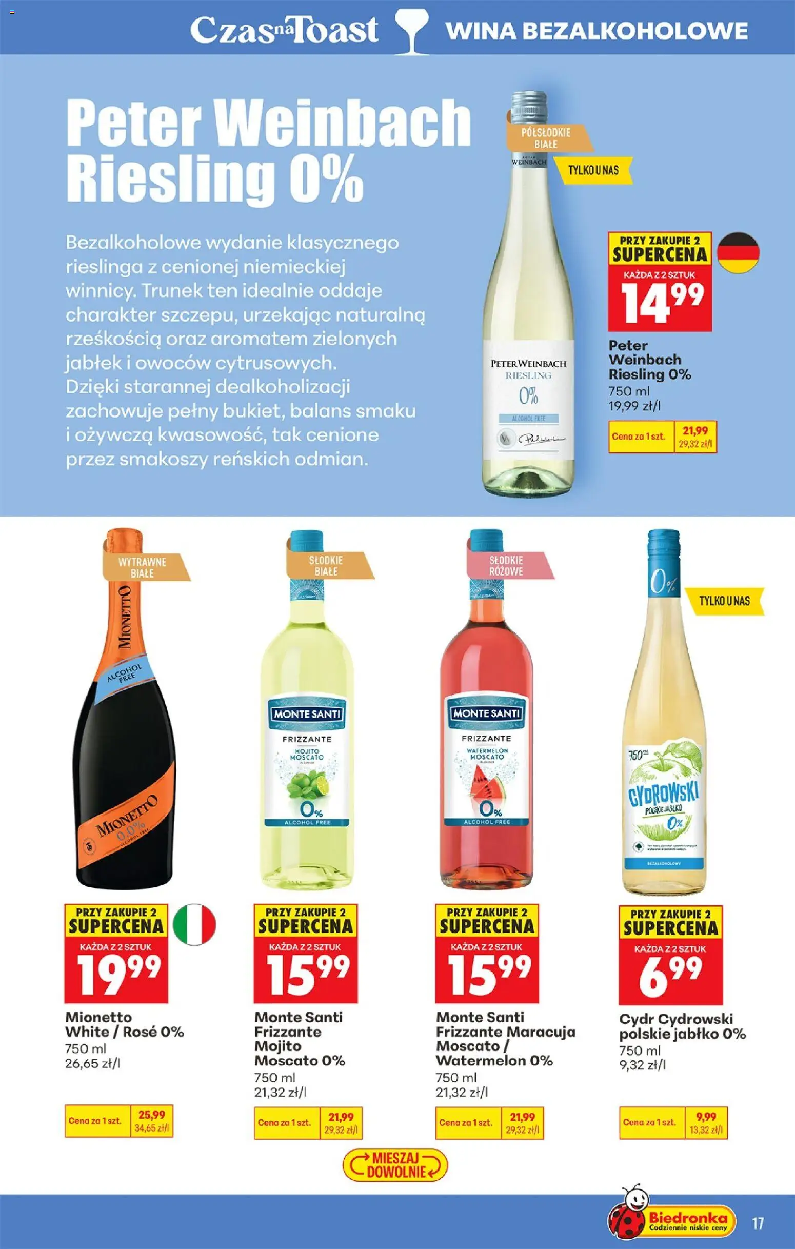 Biedronka gazetka - Czas na toast od 29.06.2026 | Strona: 17 | Produkty: Riesling, Cydr, Cydr Cydrowski, Monte Santi