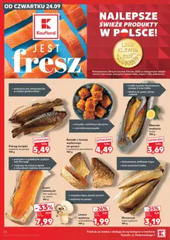 Pogląd oferty "Pstrąg Jurajski wędzony na gorąco, Pstrąg Jurajski wędzony na gorąco 100 g. Pochodzi z krystalicznie czystych wód Norwegii. Wędzony na zimno w dymie z naturalnych zrębków drzewnych." - ważna od 24.09.2026 | Strona: 26
